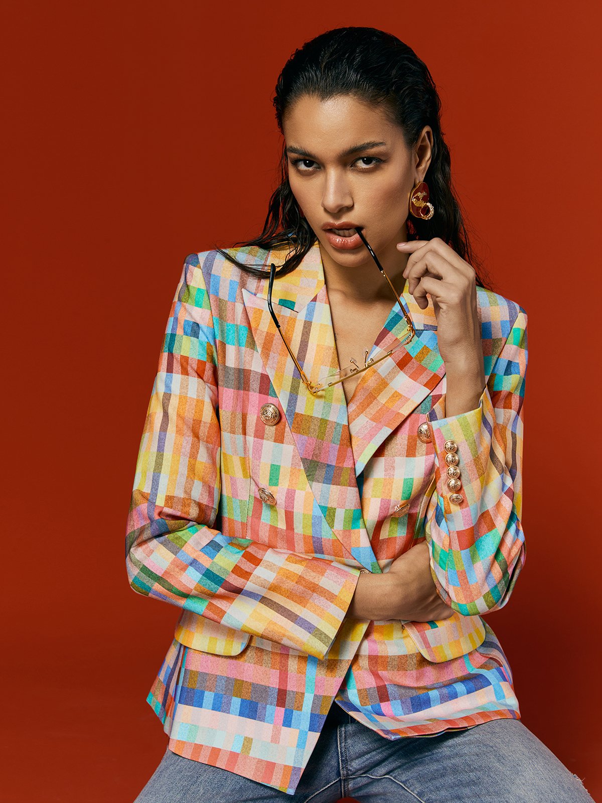  Urban Pastel Plaid Buttoned  Lapel Collar Blazer