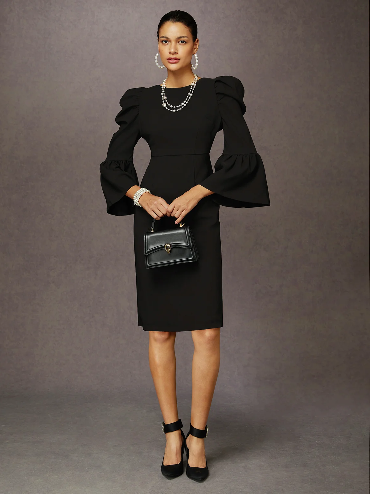 Elegant Bell Sleeve Gathered Bodycon Dress