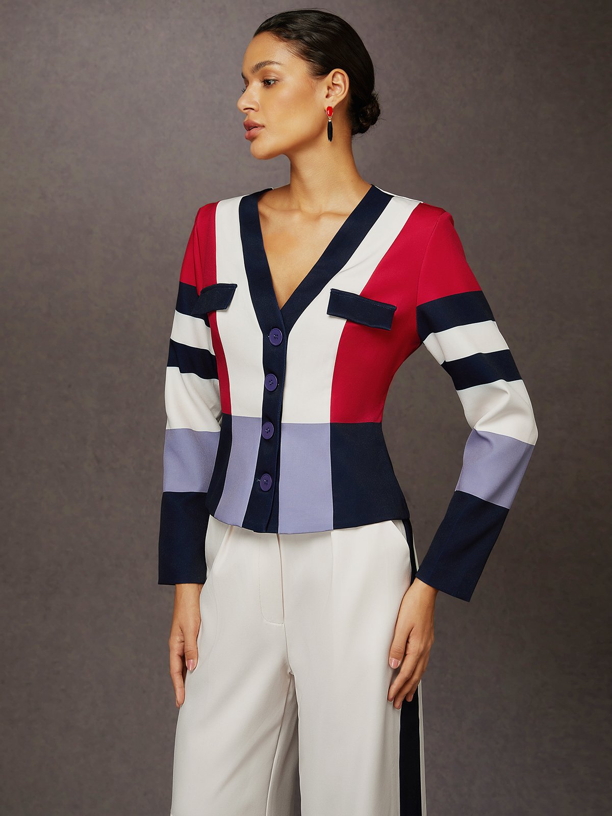 Urban Color Block V Neck Jacket