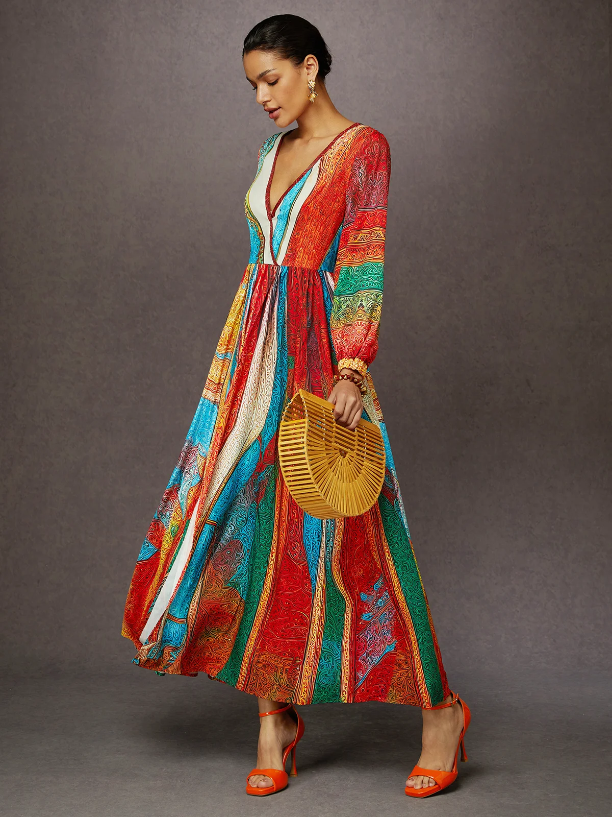 Vacation Ethnic Patterns Balloon Sleeve Printing V Neck Maxi Dress