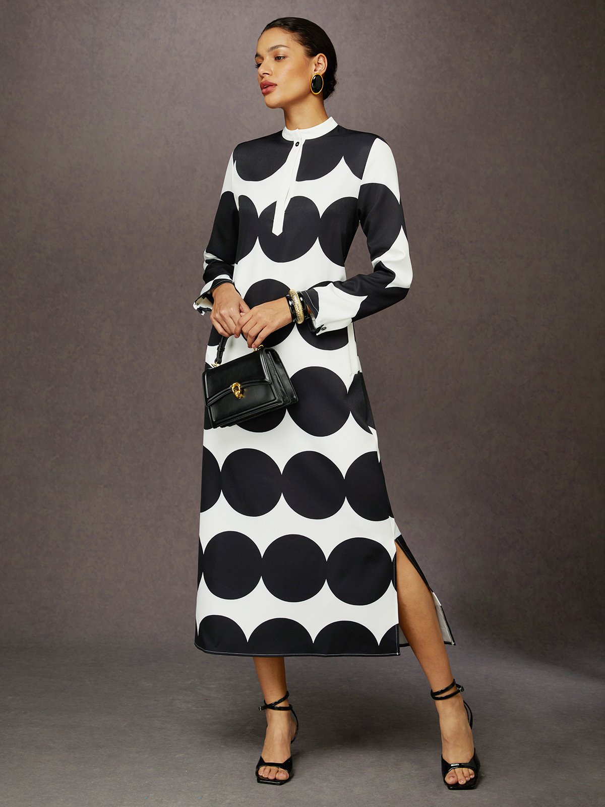 Loose Stand Collar Long Sleeve Urban Maxi Dress