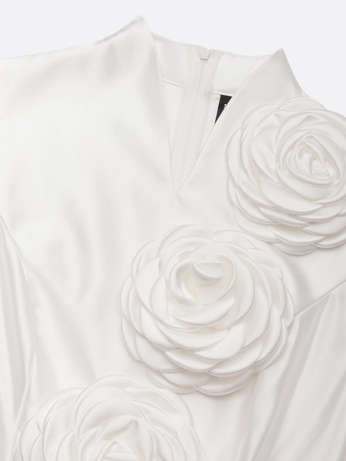 Elegant 3D Floral Plain Stand Collar Midi Dress