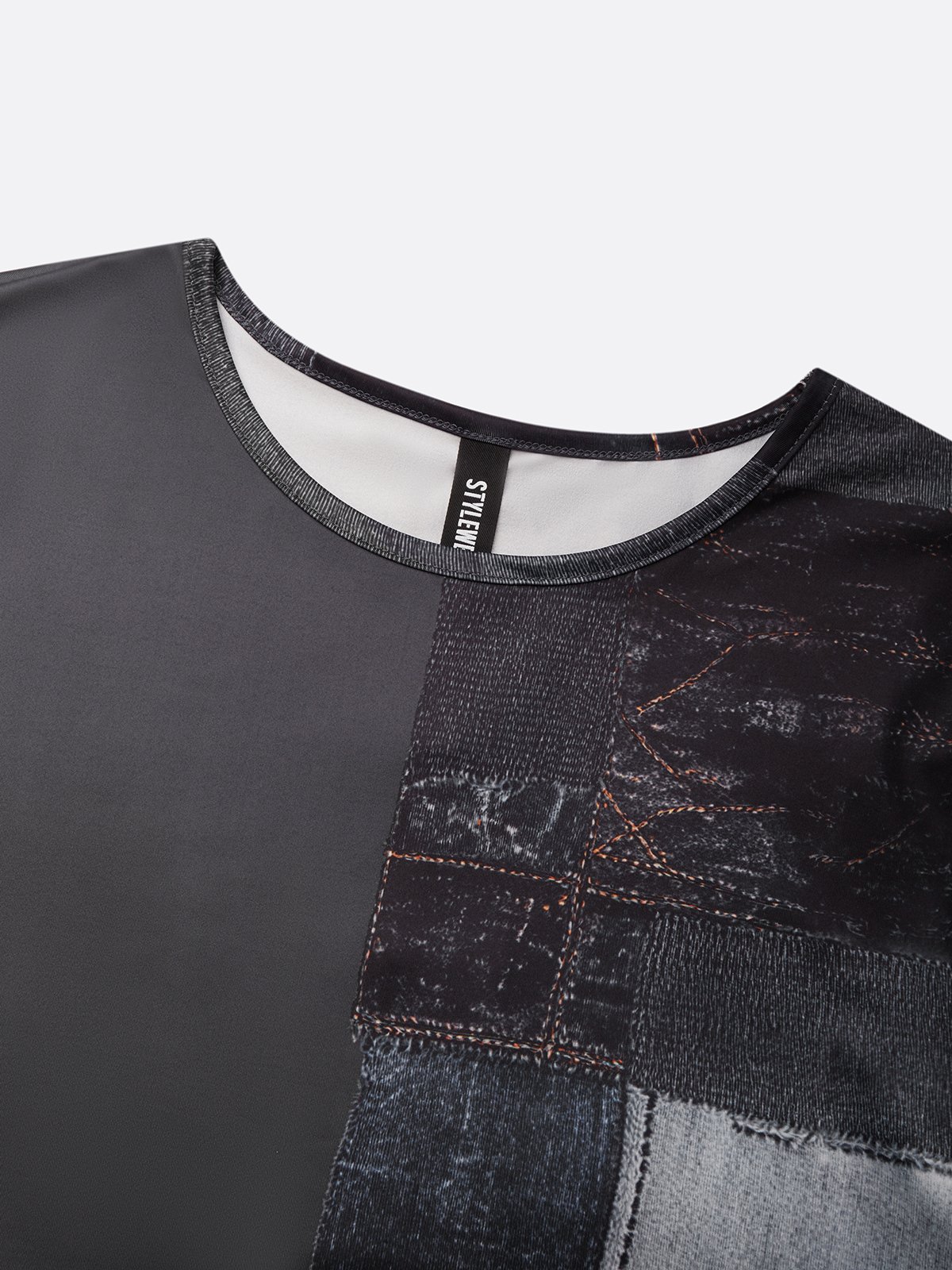 Casual Faux Denim Print Graphic  Crew Neck  T-shirt