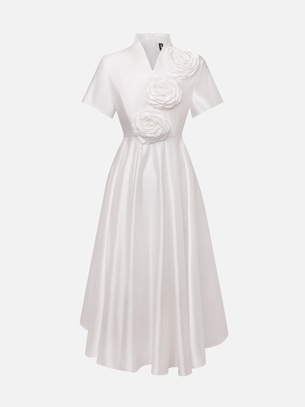 Elegant 3D Floral Plain Stand Collar Midi Dress