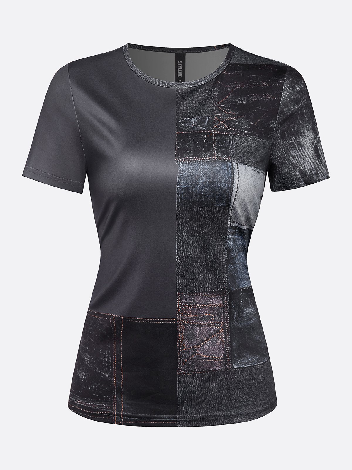 Casual Faux Denim Print Graphic  Crew Neck  T-shirt