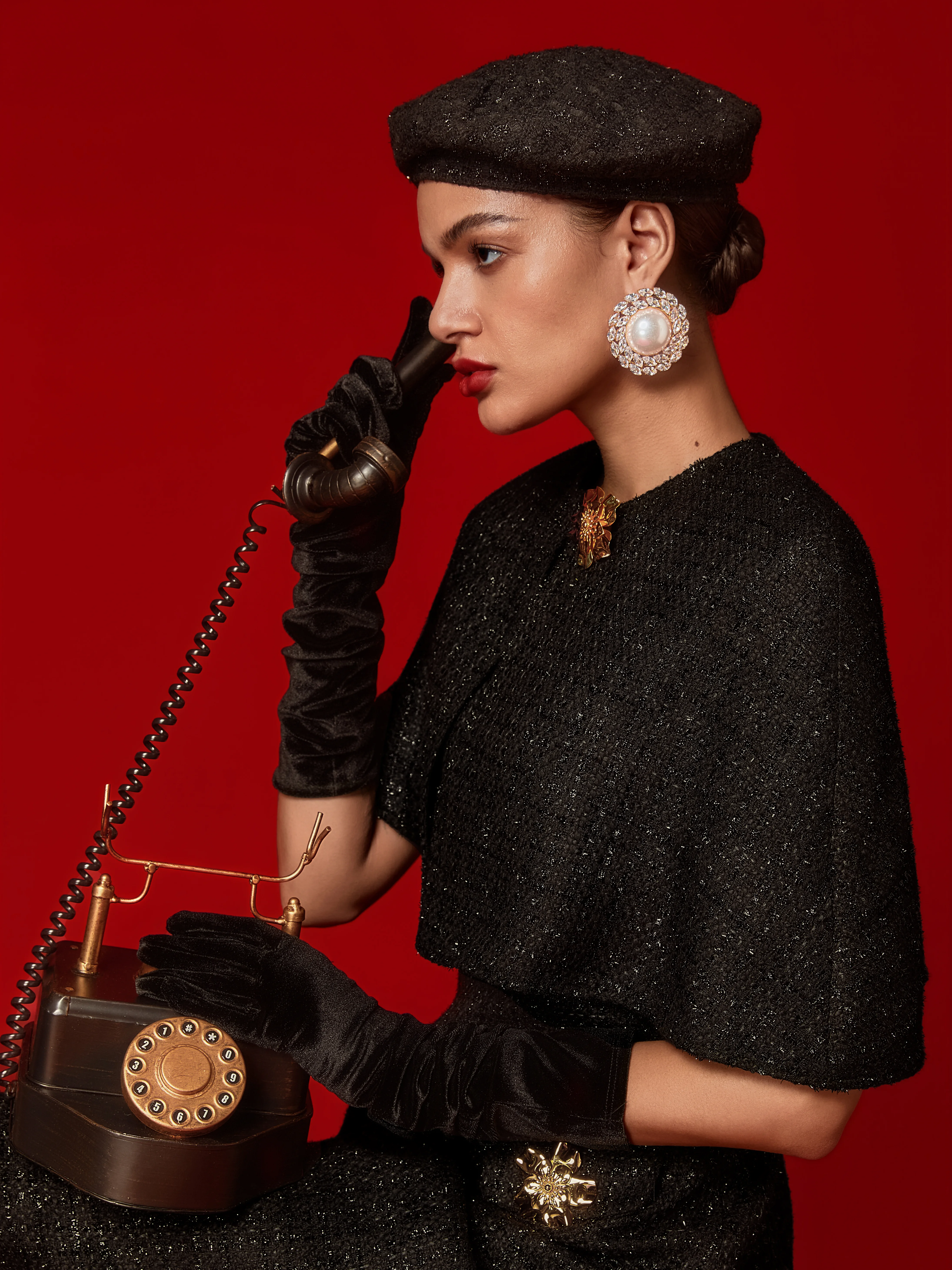 Elegant Tweed Crew Neck Midi Dress with Decorative Buttons