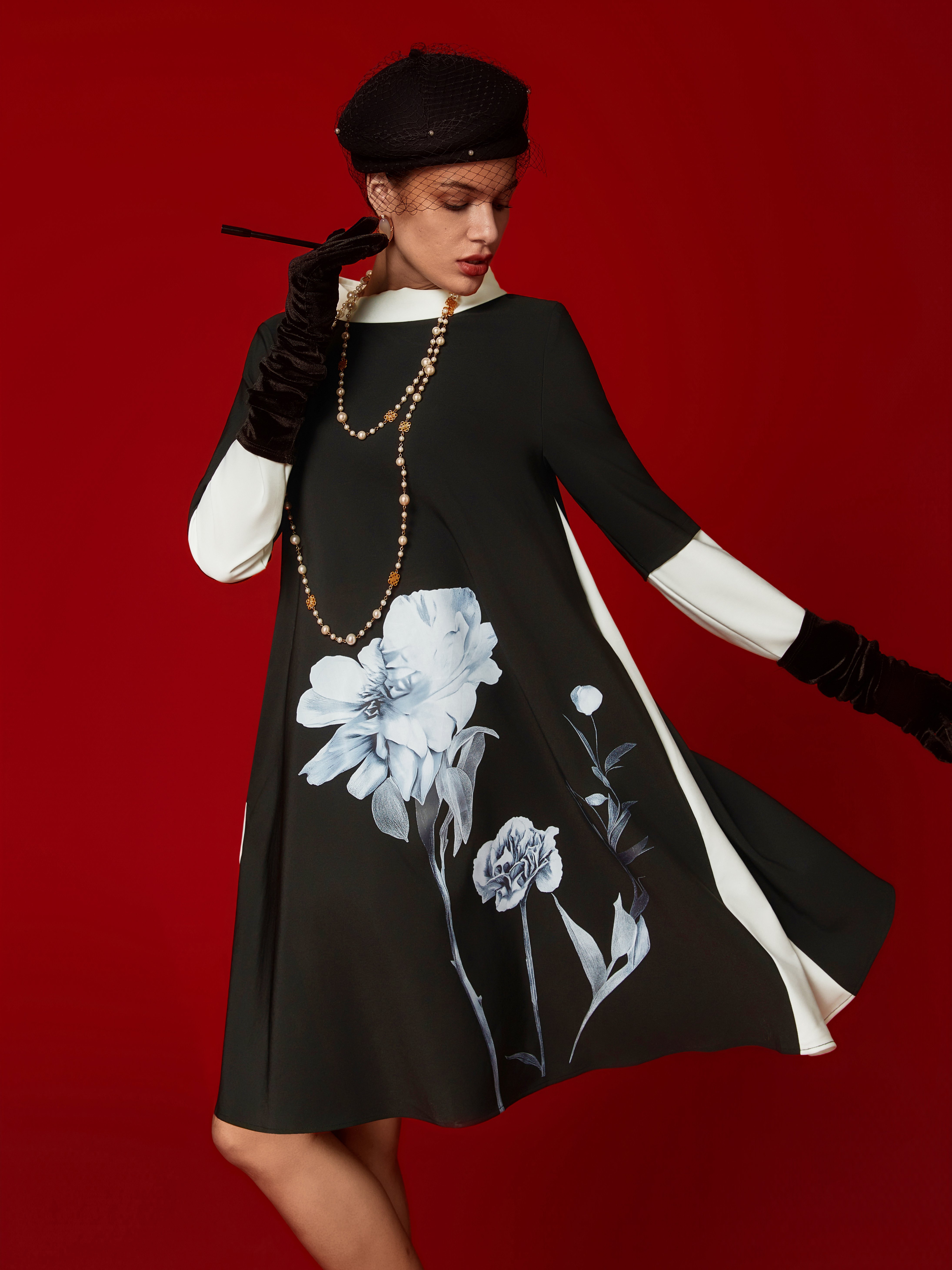 Urban Floral Printing Crew Neck Knee Length Dress