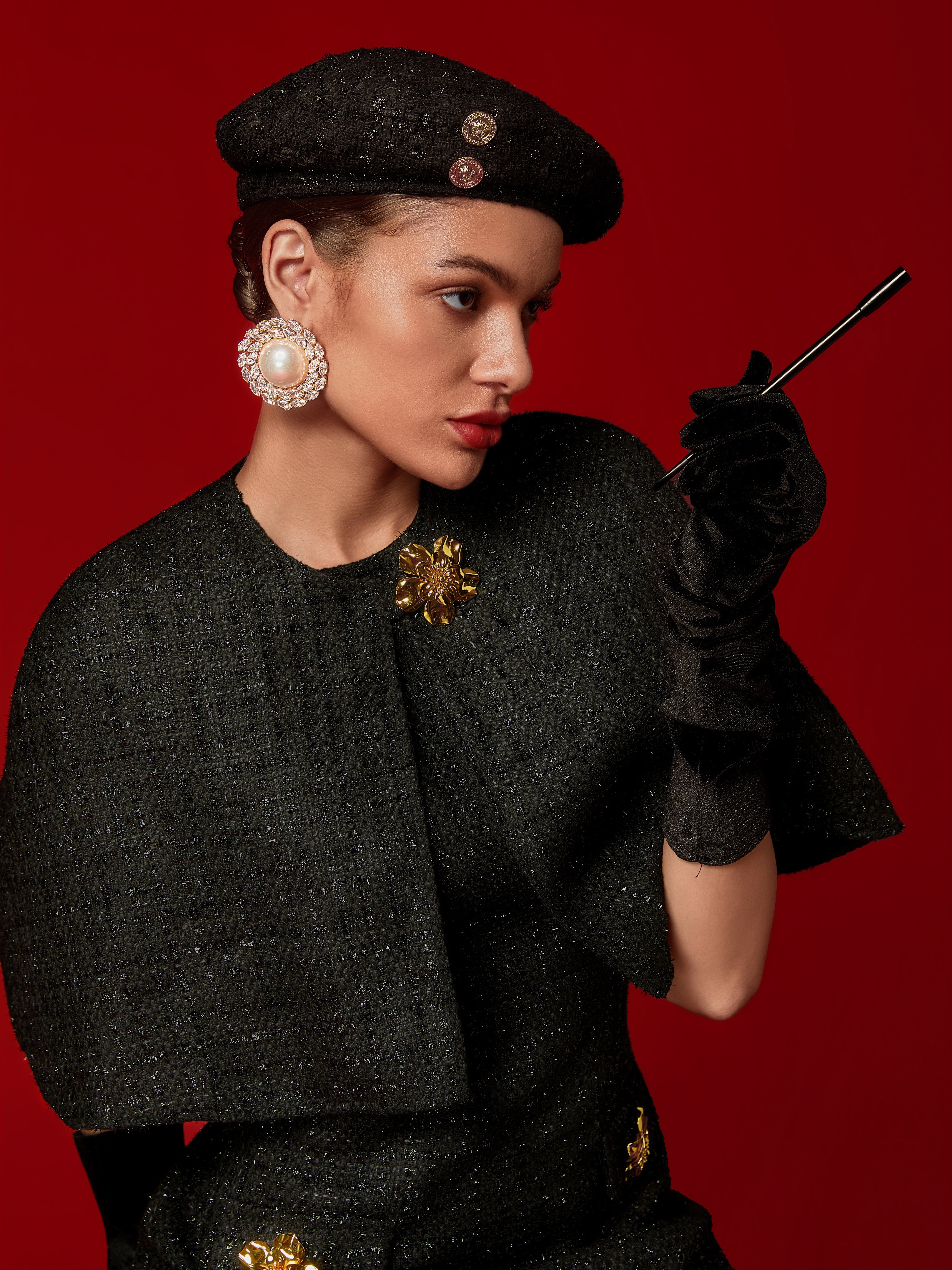 Elegant Tweed Crew Neck Midi Dress with Decorative Buttons