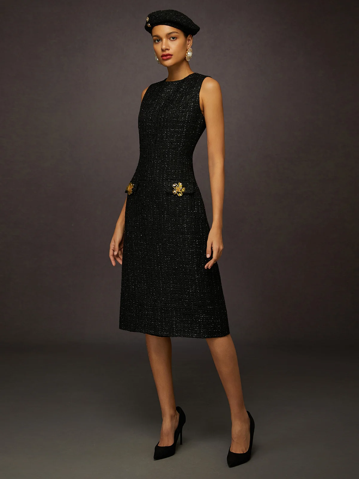 Elegant Tweed Crew Neck Midi Dress with Decorative Buttons