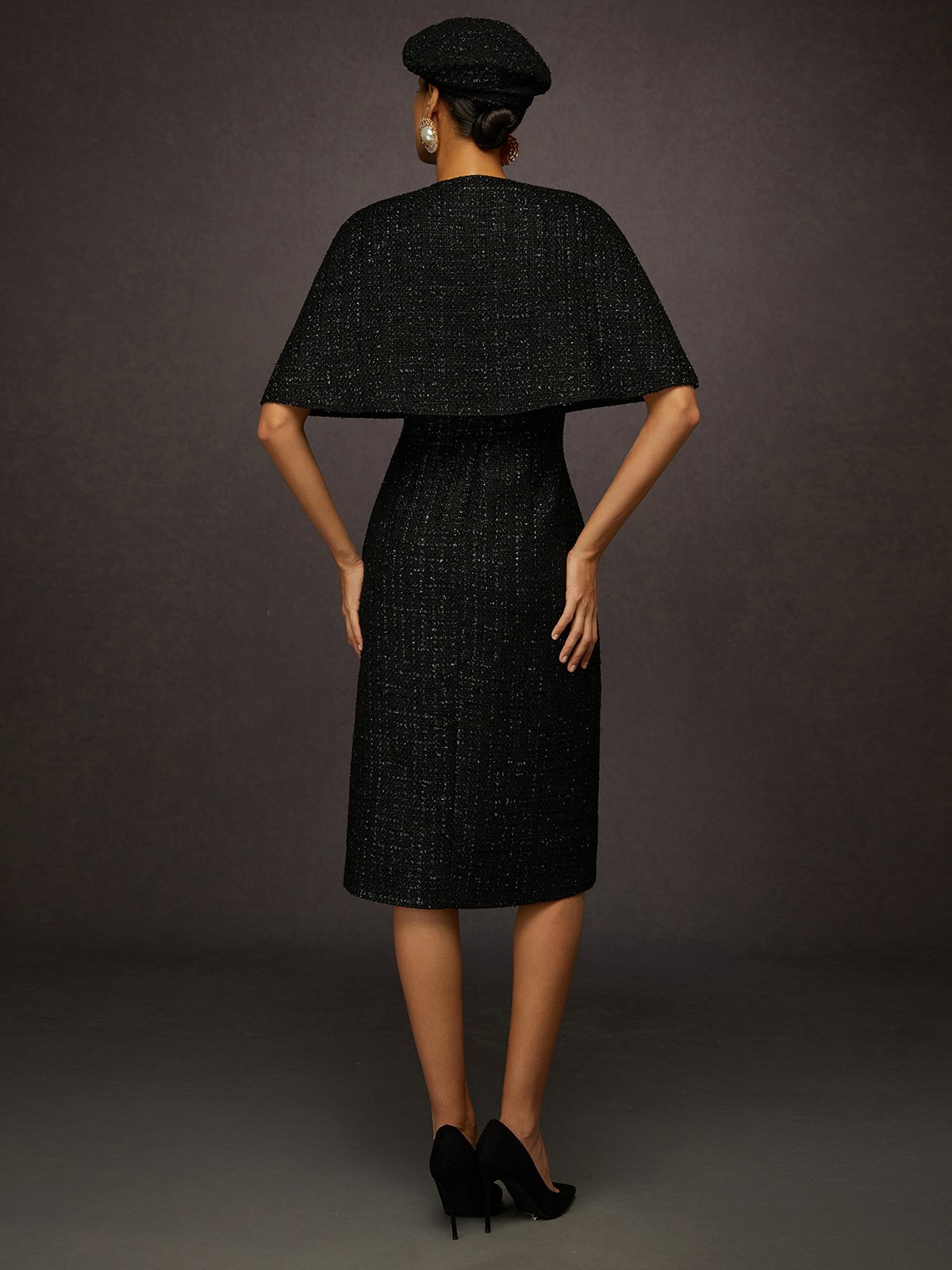 Elegant Tweed Crew Neck Midi Dress with Decorative Buttons