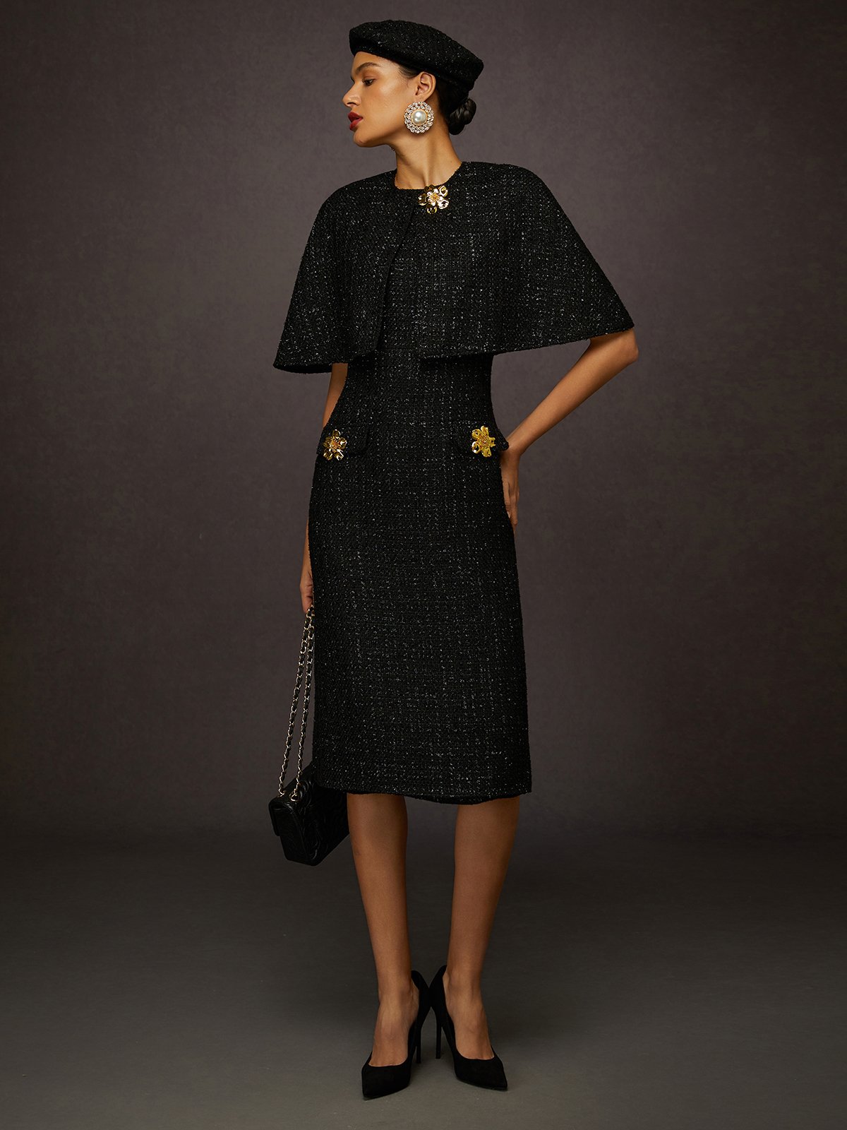 Elegant Tweed Crew Neck Midi Dress with Decorative Buttons
