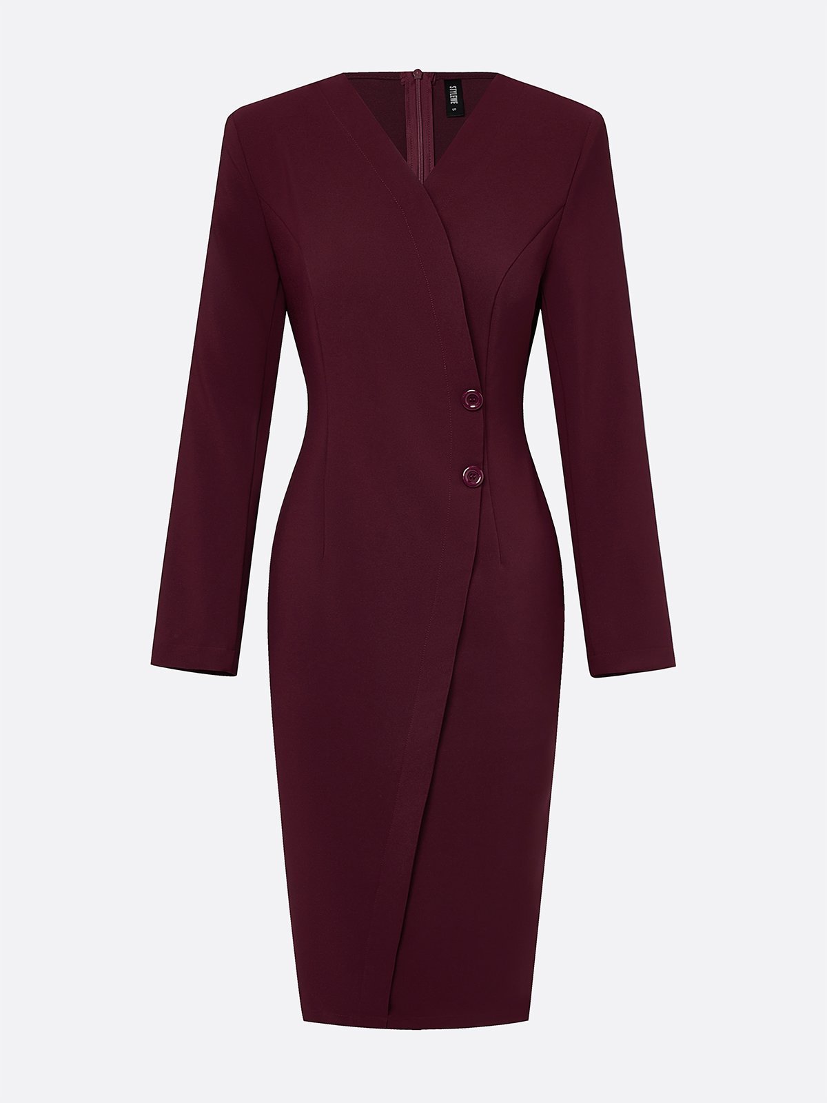 Elegant Plain Buttoned Cross Neck Midi Dress