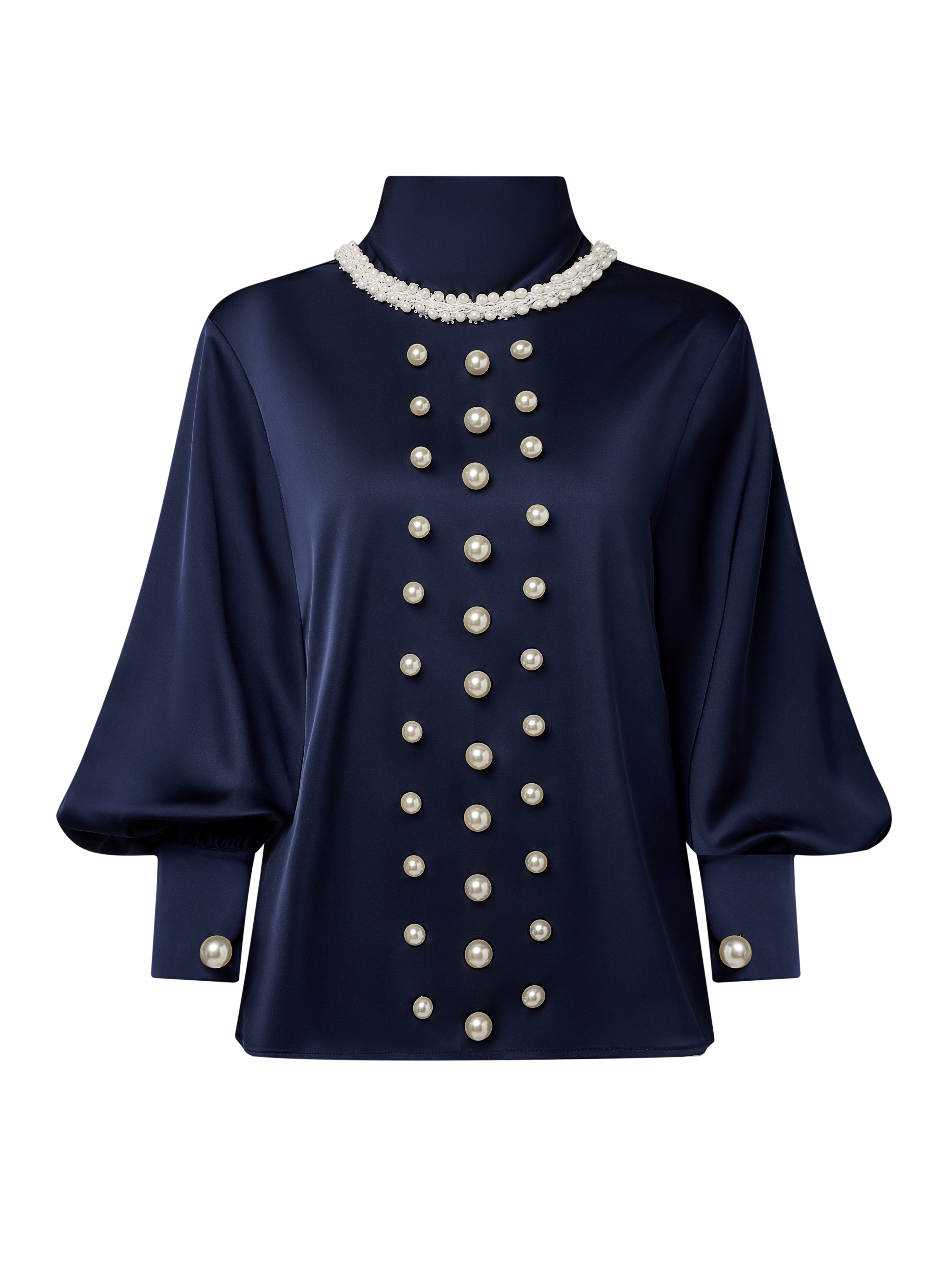 Satin Elegant Plain Imitation Pearls Mock Neck Balloon Sleeve Blouse