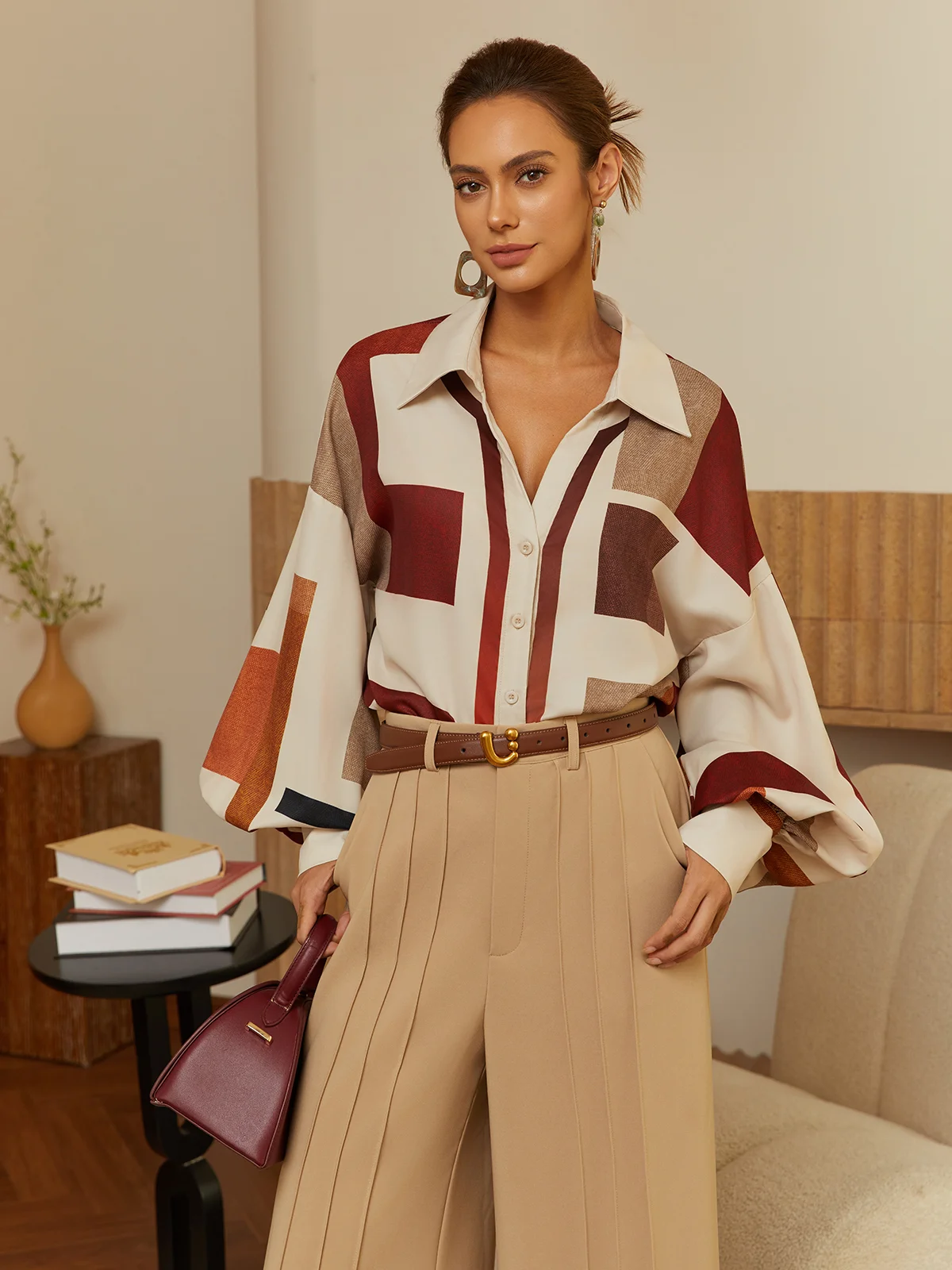 Urban Plaid Balloon-Sleeve Buckle Shirt