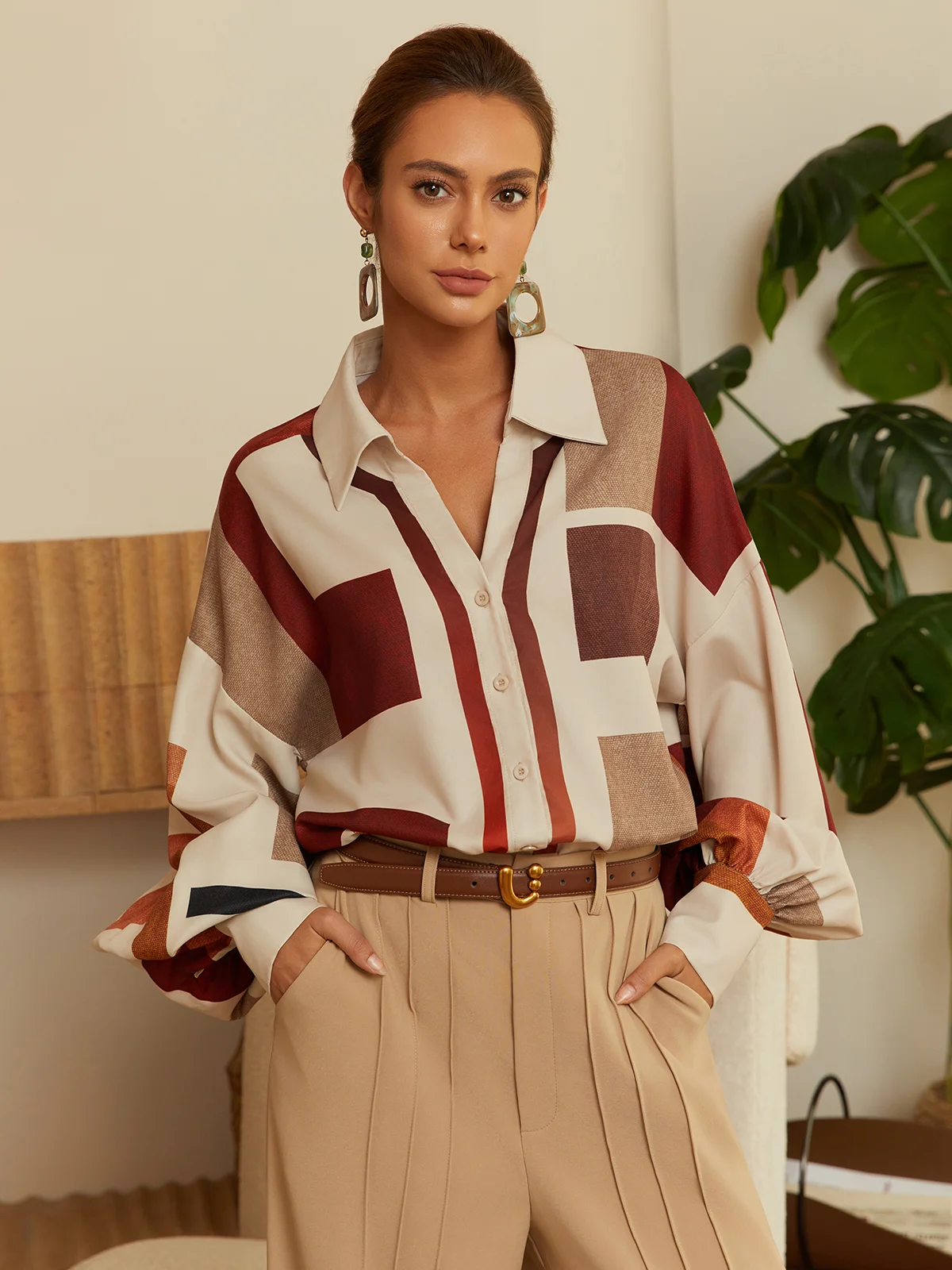 Urban Plaid Balloon-Sleeve Buckle Shirt