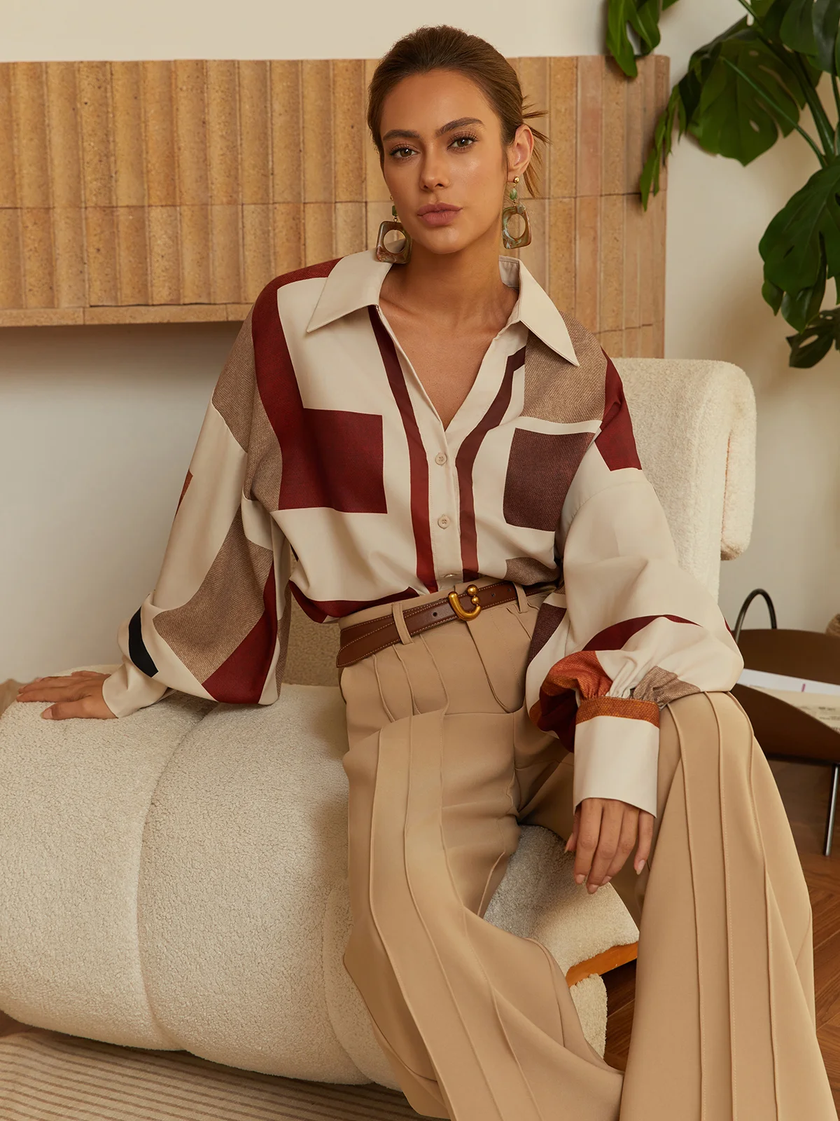 Urban Plaid Balloon-Sleeve Buckle Shirt