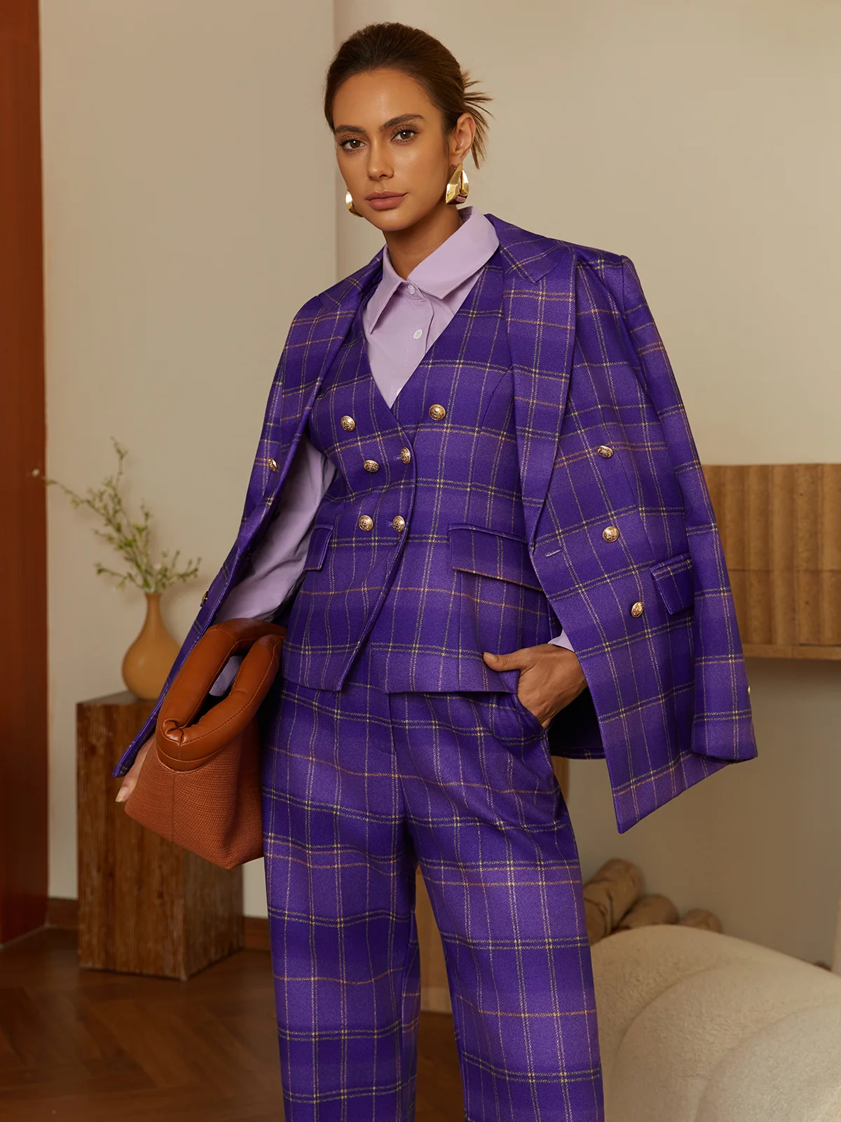 Urban Plaid Buttoned Lapel Blazer