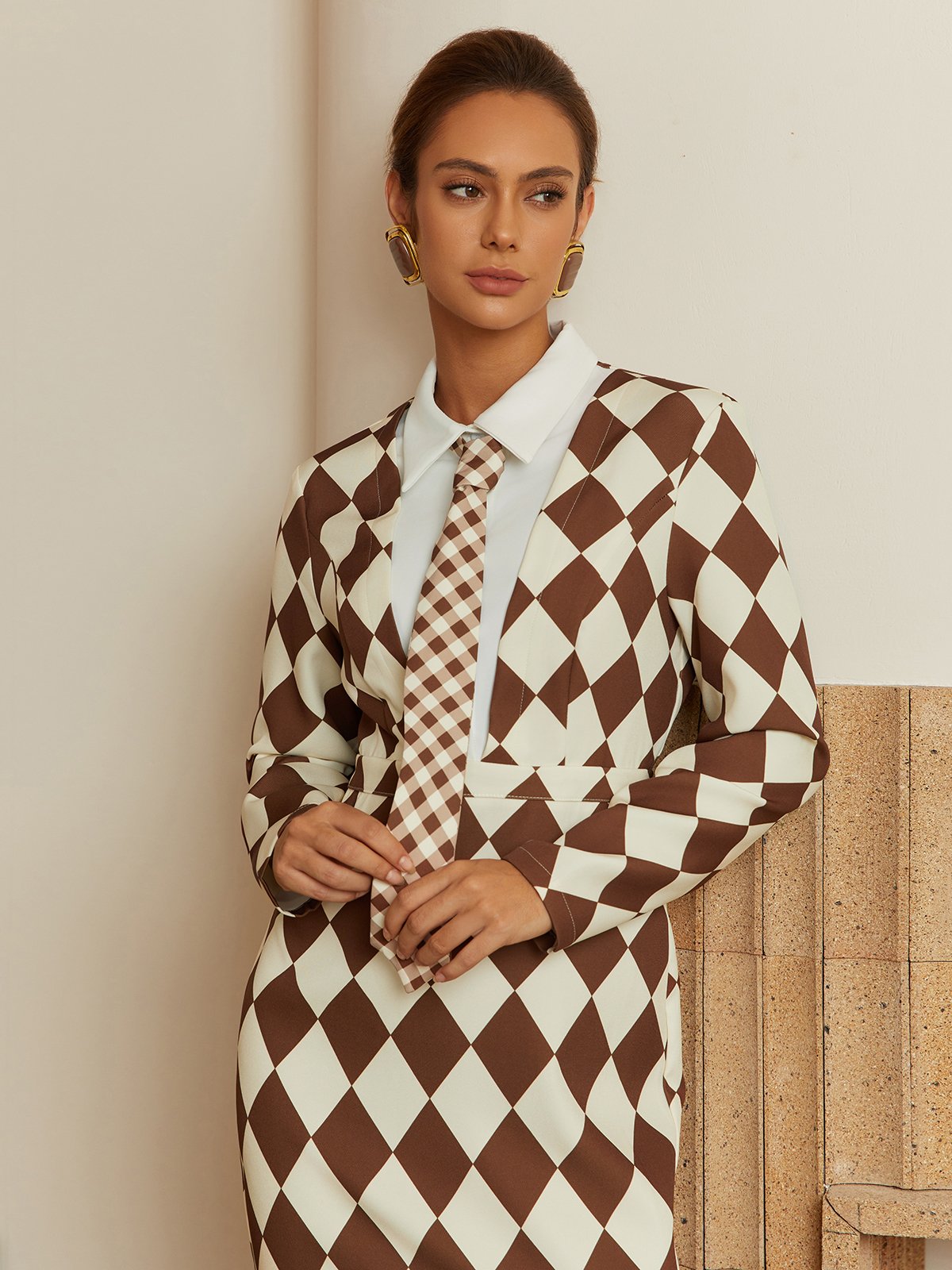 Urban Plain Buttoned Shirt Collar Midi Dress With Tie