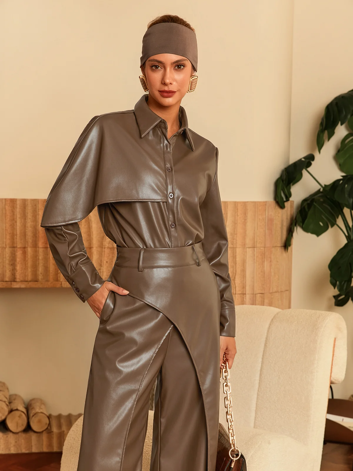 Urban Plain Irregular Craftsmanship Shirt Collar Faux Leather Top