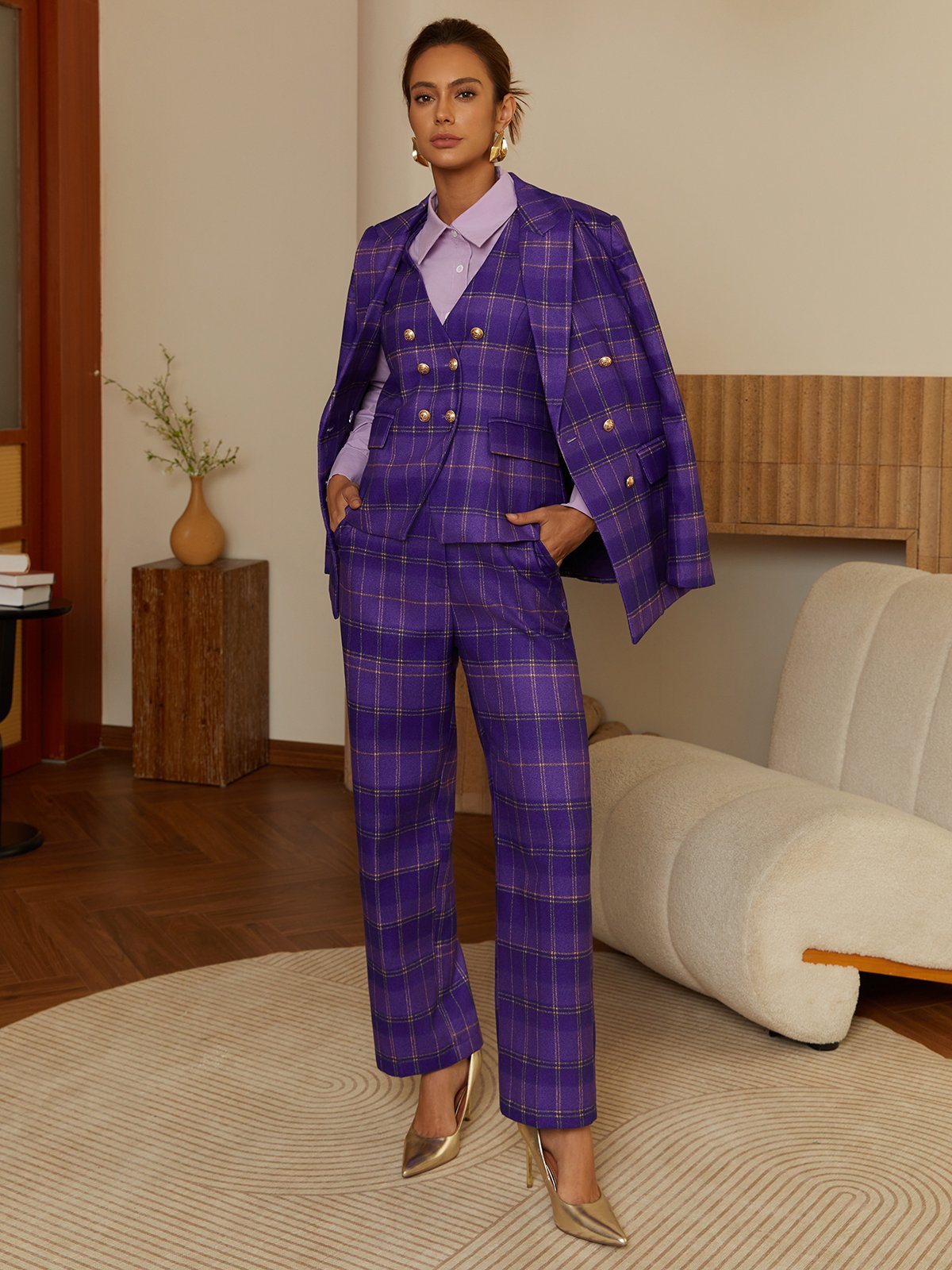 Urban Plaid Cross-Neck Buttoned Vest