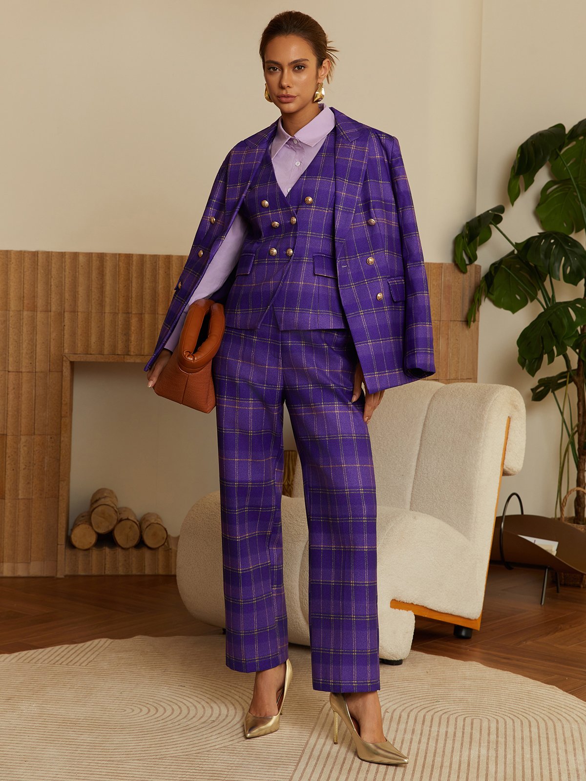 Urban Plaid Buttoned Lapel Blazer