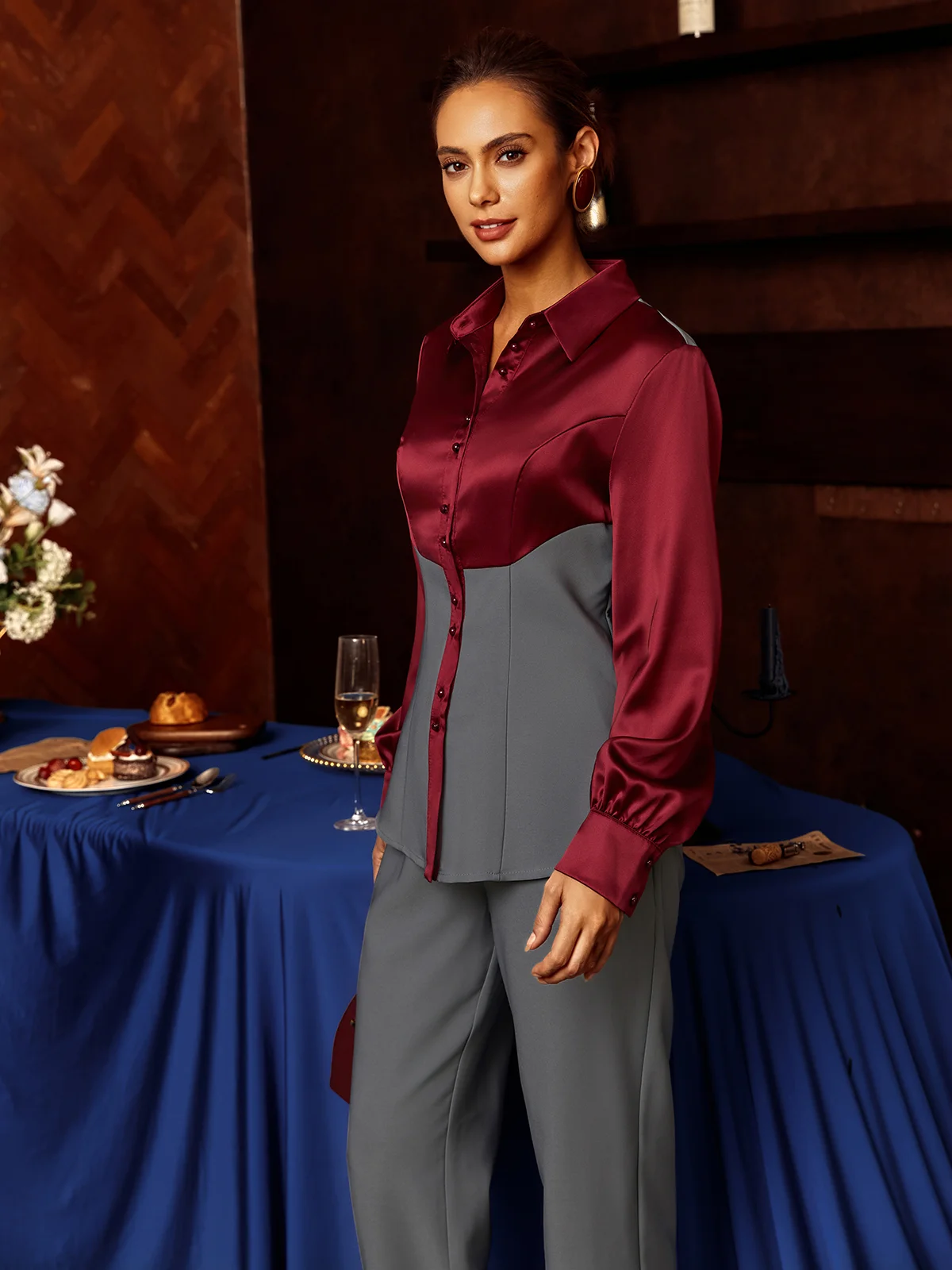 Satin Urban Color Block Split Joint Shirt