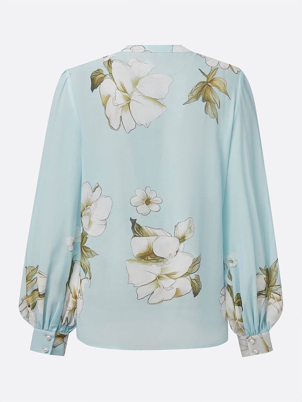 Elegant Floral Printing Stand Collar Balloon Sleeve Chiffon Blouse