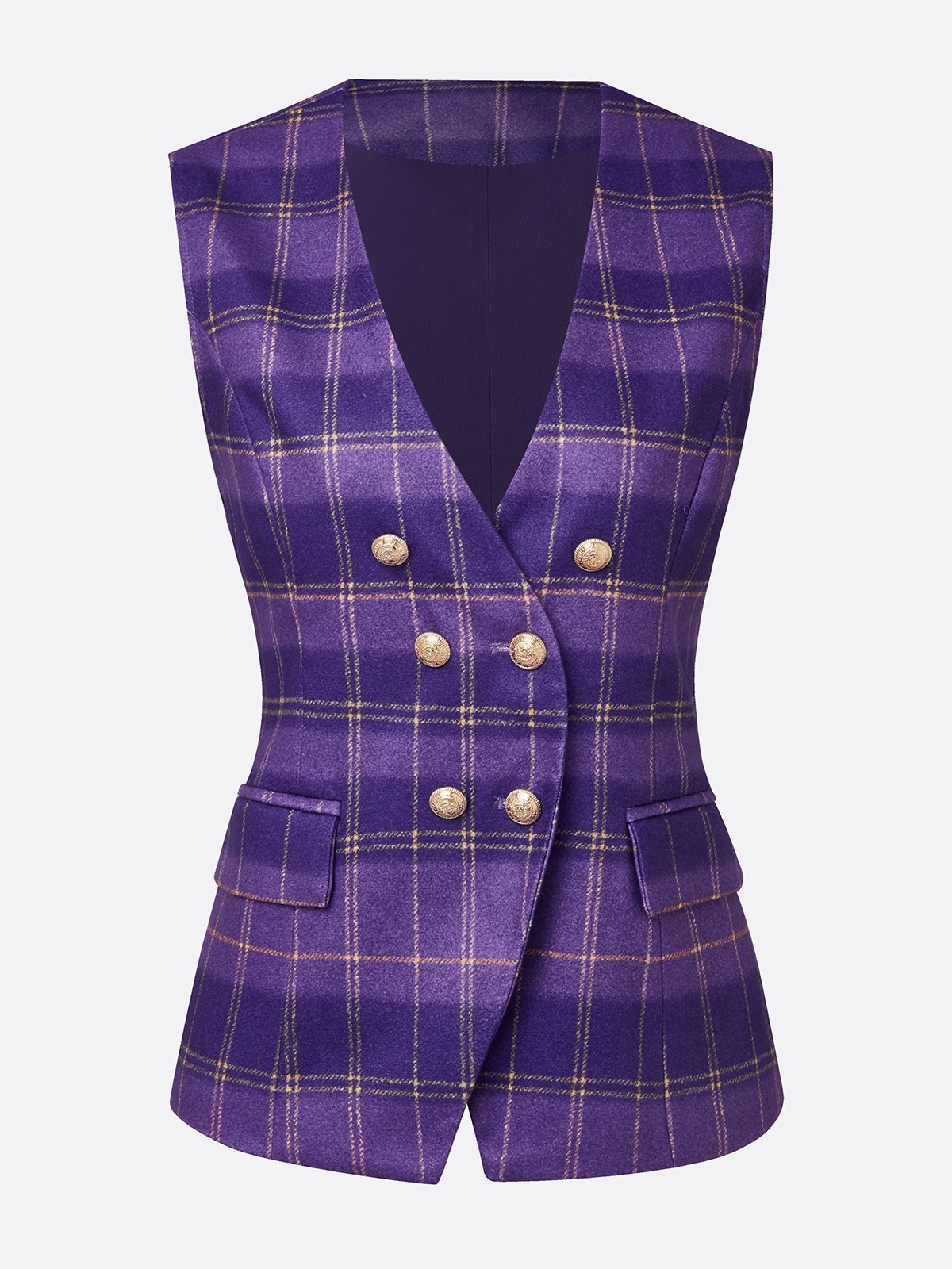 Urban Plaid Cross-Neck Buttoned Vest
