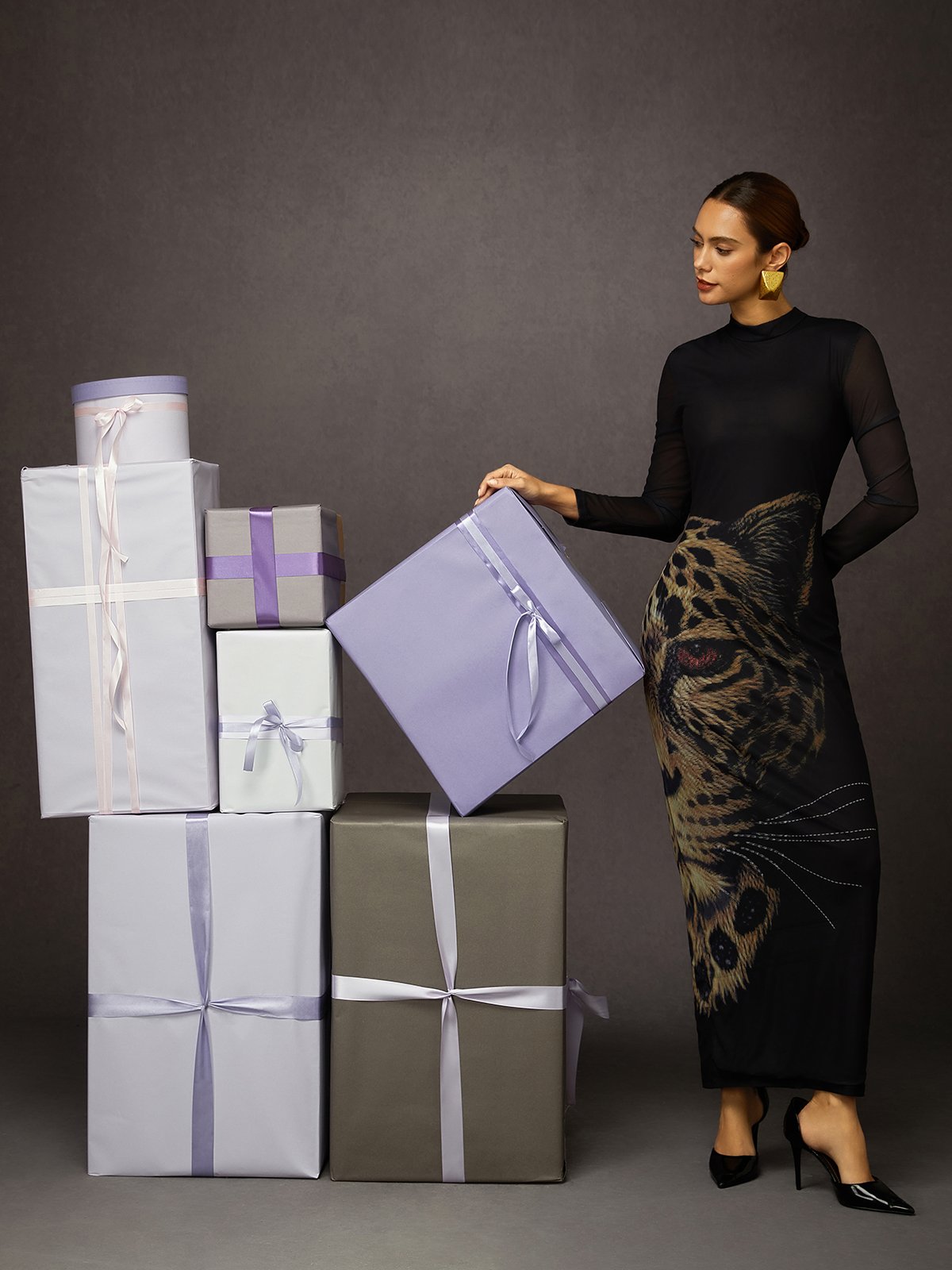 Elegant Tiger Printing Stand Collar Maxi Dress