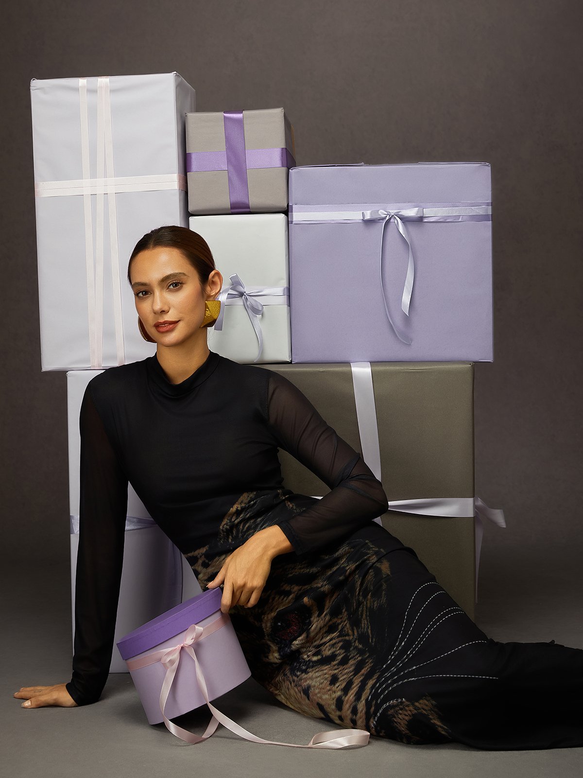 Elegant Tiger Printing Stand Collar Maxi Dress