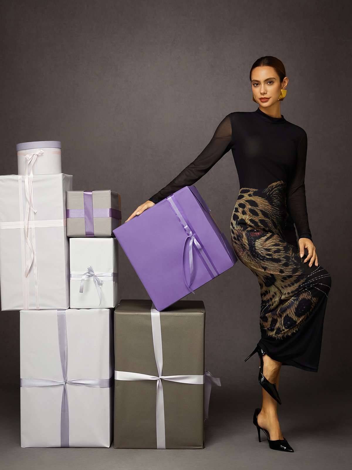 Elegant Tiger Printing Stand Collar Maxi Dress