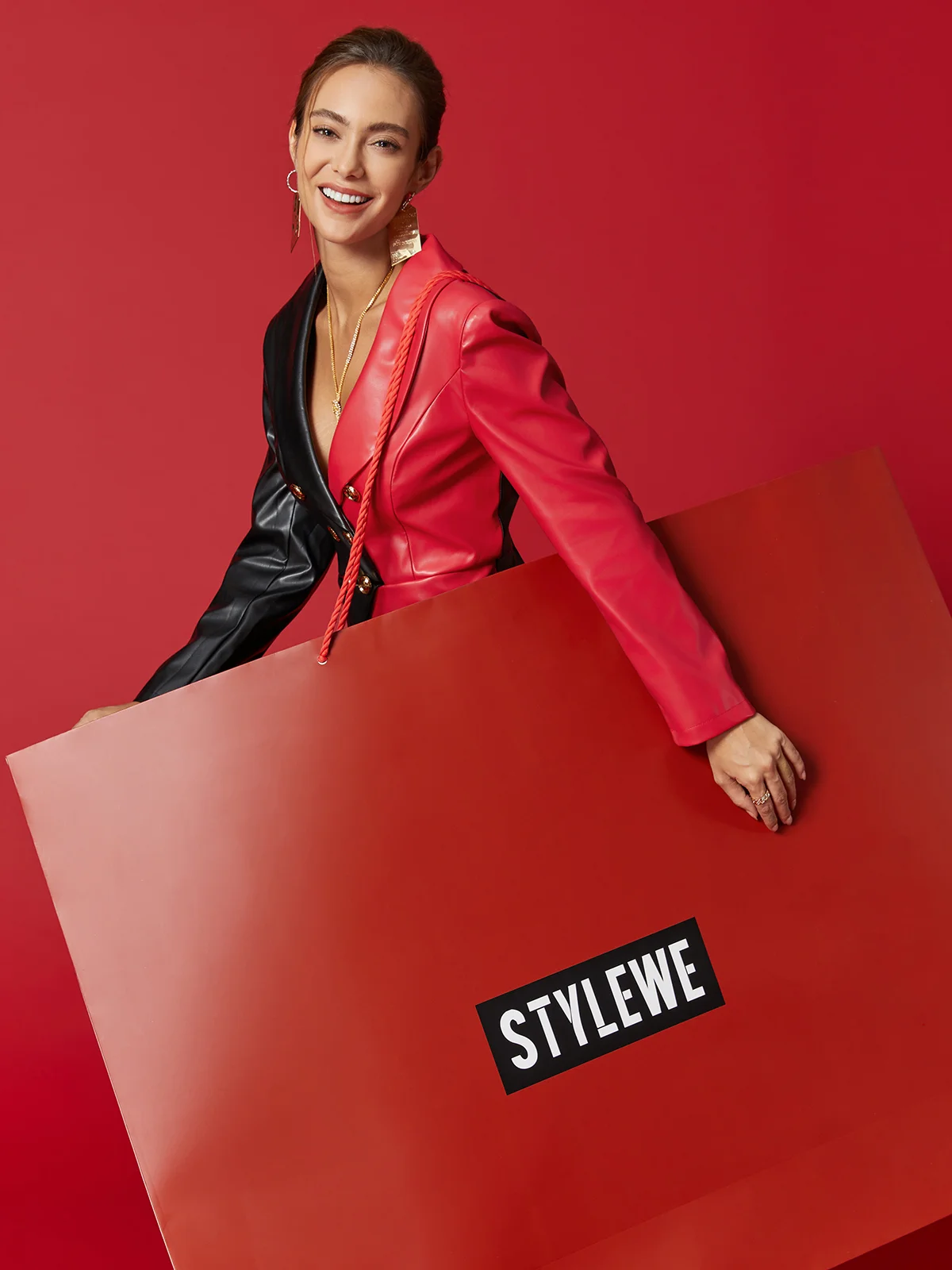 Elegant Color Block Split Joint Lapel Collar Midi Dress