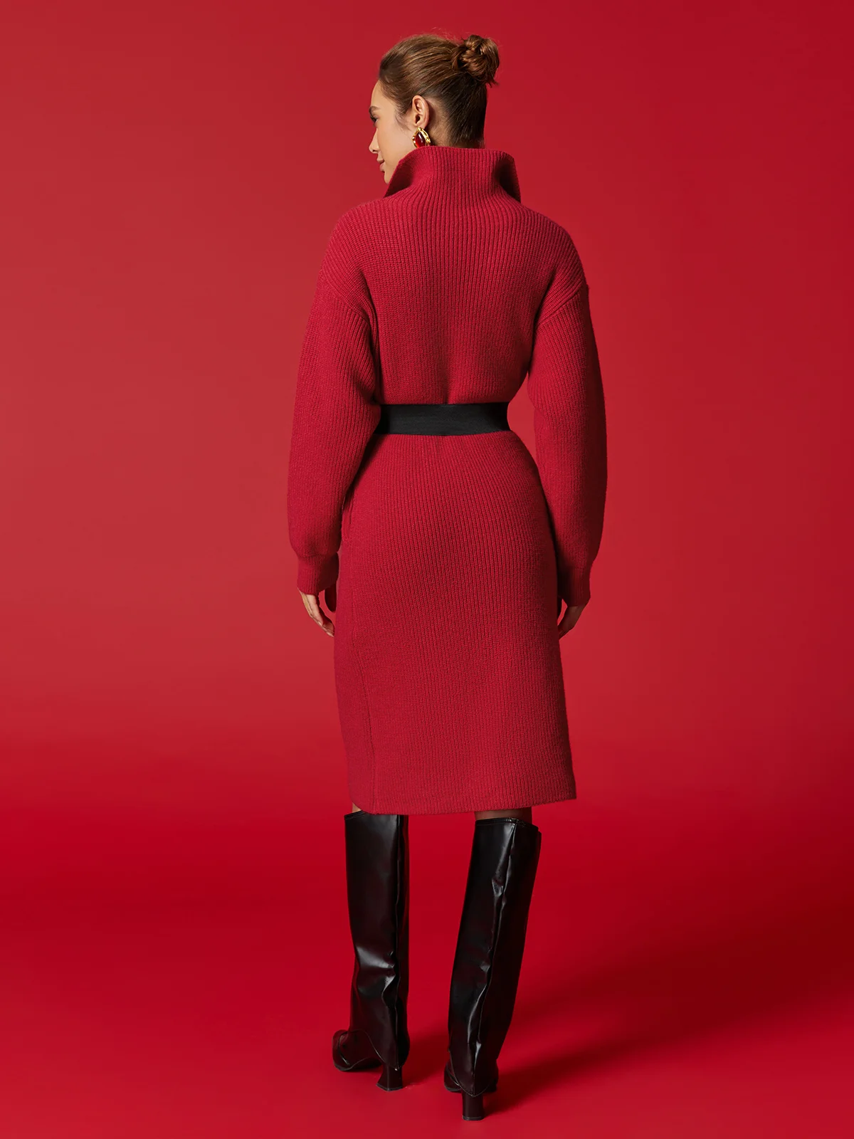 Urban Cozy Buttoned Shawl Collar Sweater Midi Dress