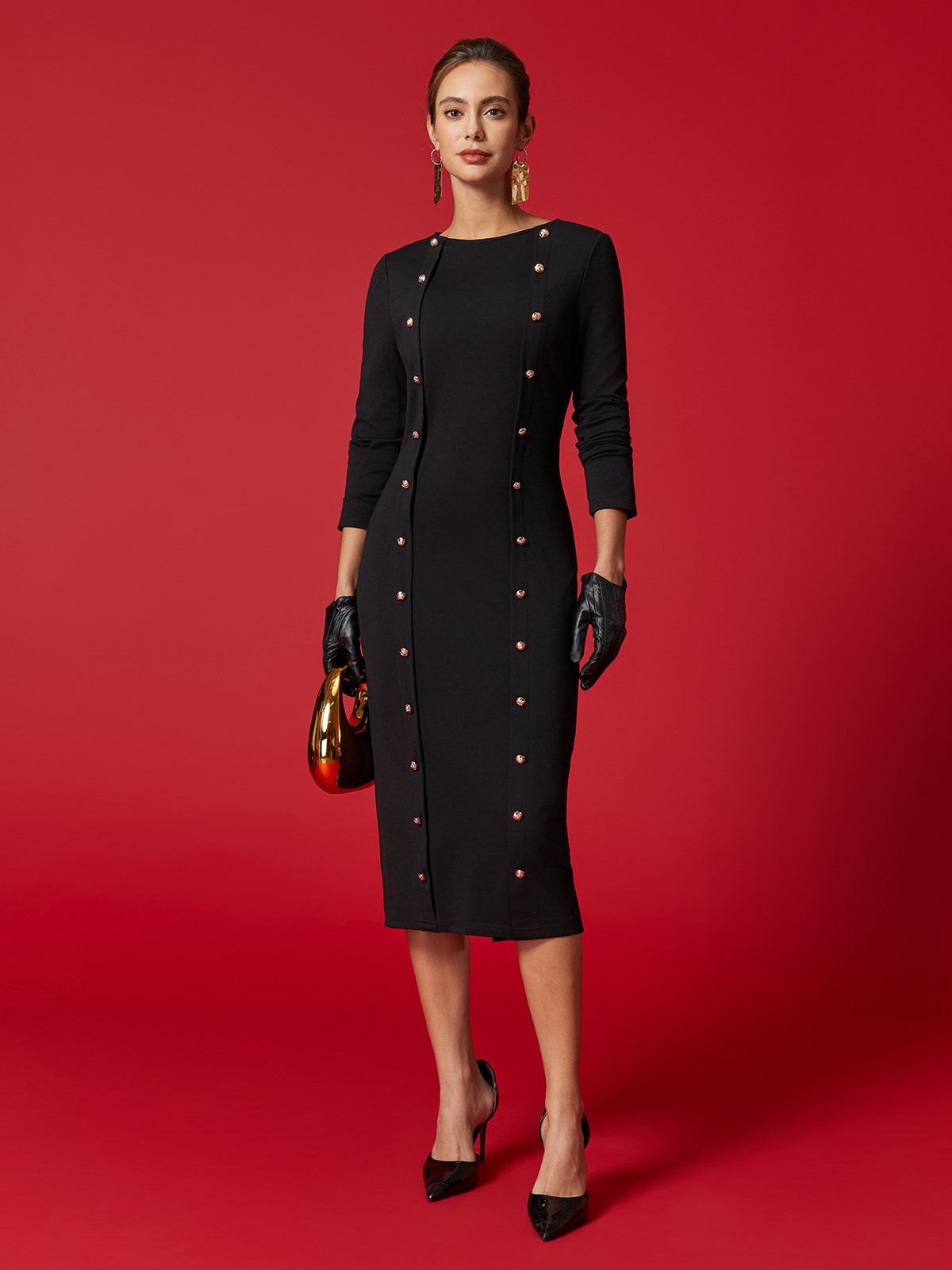 Elegant Plain Crew Neck Midi Dress