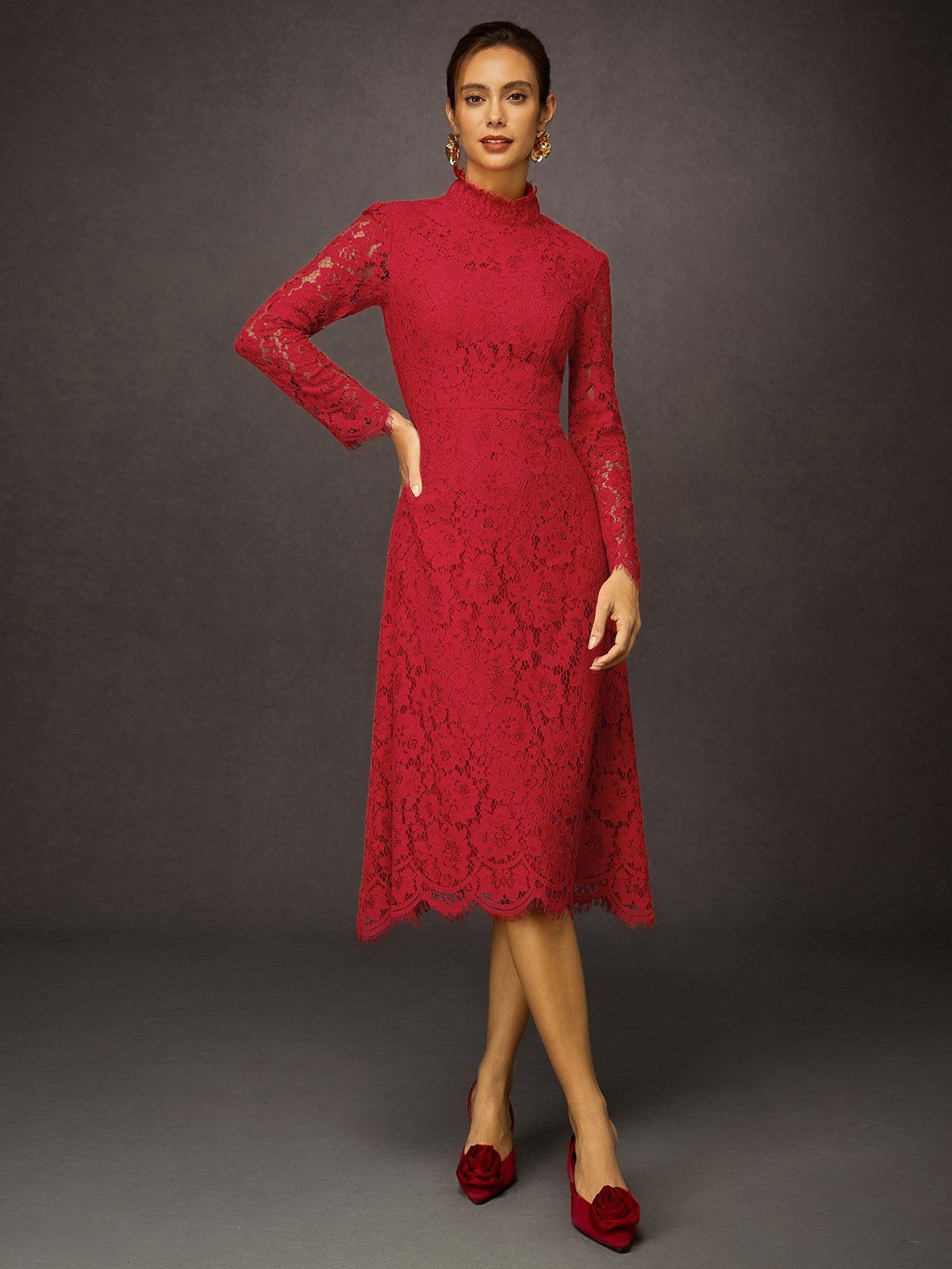 Elegant Plain Stand Collar Midi Dress