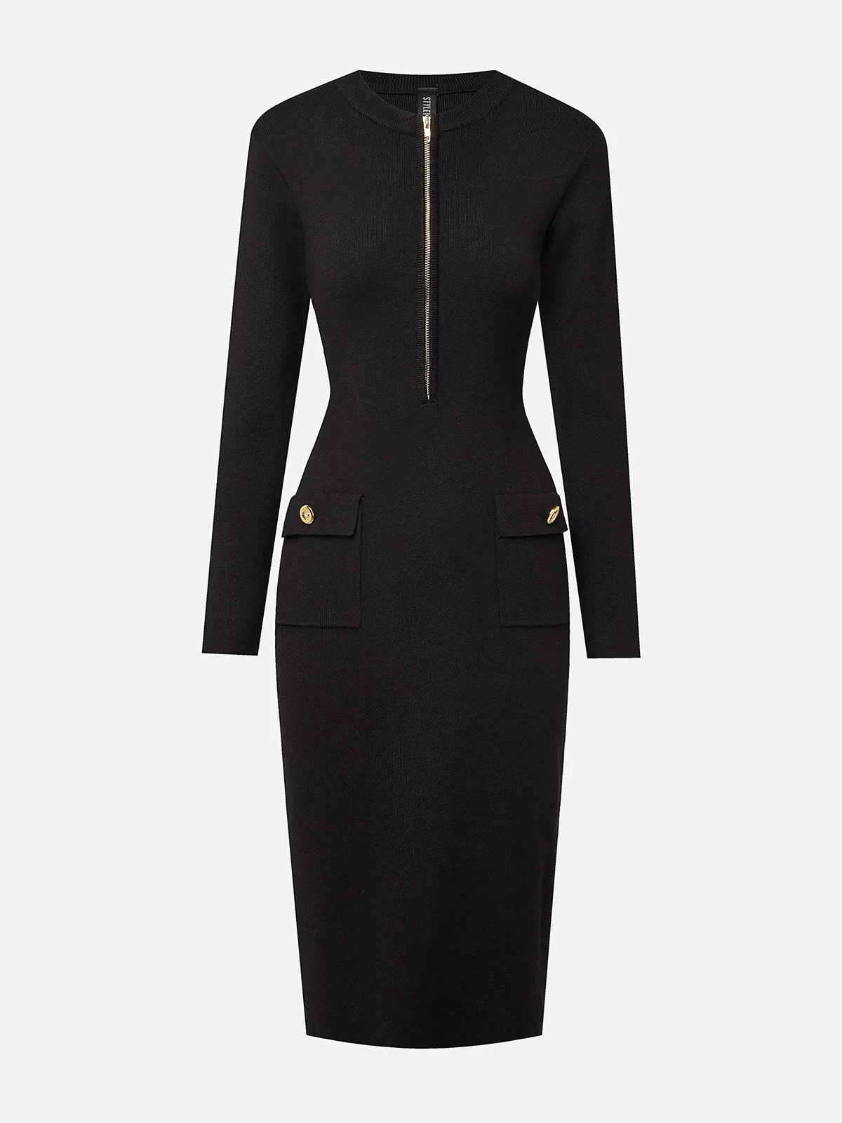 Urban Plain Zipper Crew Neck Sweater Midi Dress