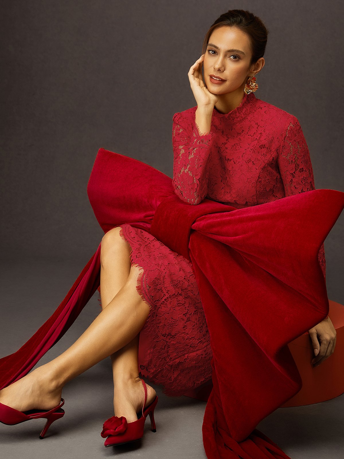 Elegant Plain Stand Collar Midi Dress