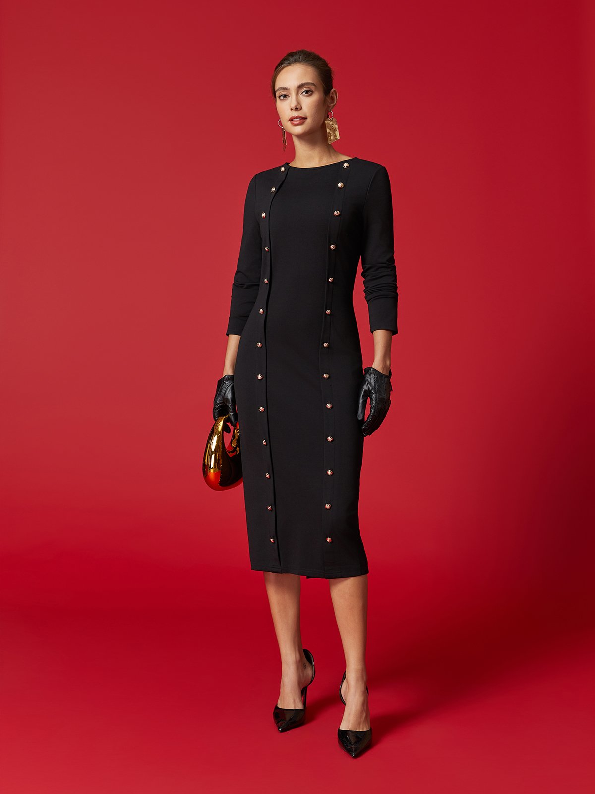 Elegant Plain Crew Neck Midi Dress