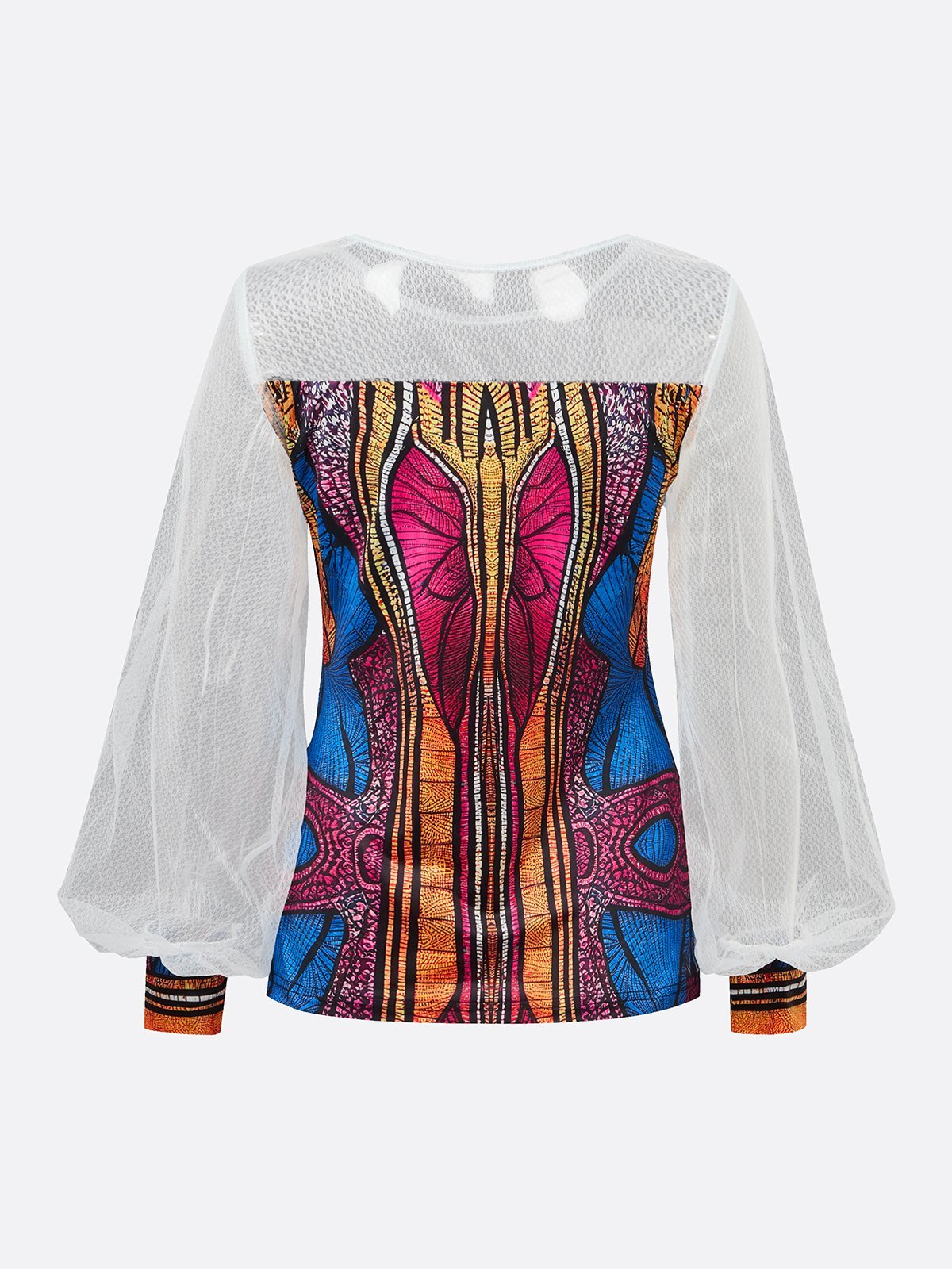 Elegant Patchwork Sheer Mesh Balloon Sleeve Blouse