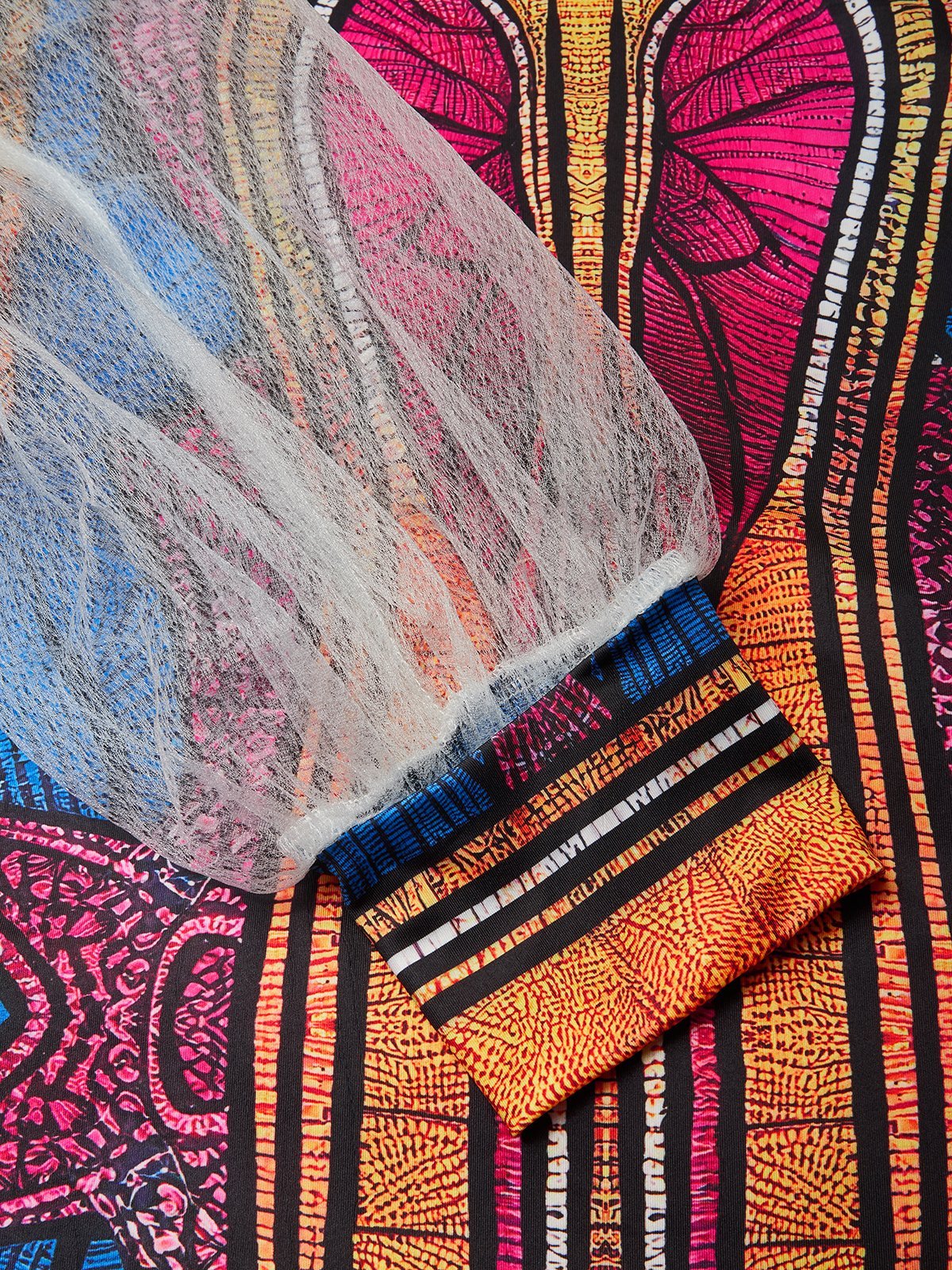 Elegant Patchwork Sheer Mesh Balloon Sleeve Blouse