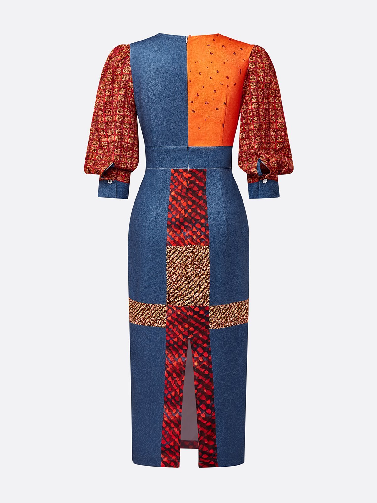 Urban Random Print Puff Sleeve Printing Crew Neck Midi Dress