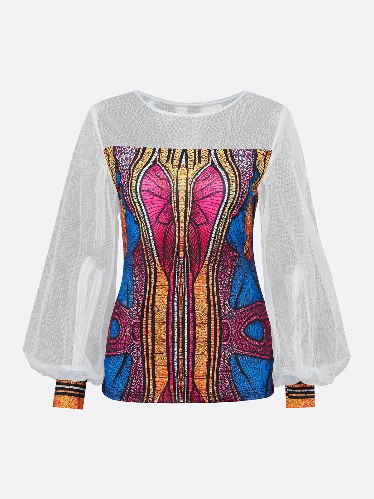 Elegant Patchwork Sheer Mesh Balloon Sleeve Blouse