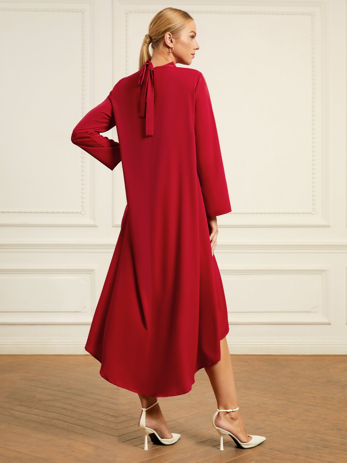 Plain Long sleeve Stand Collar Simple Regular Fit Dress stylewe