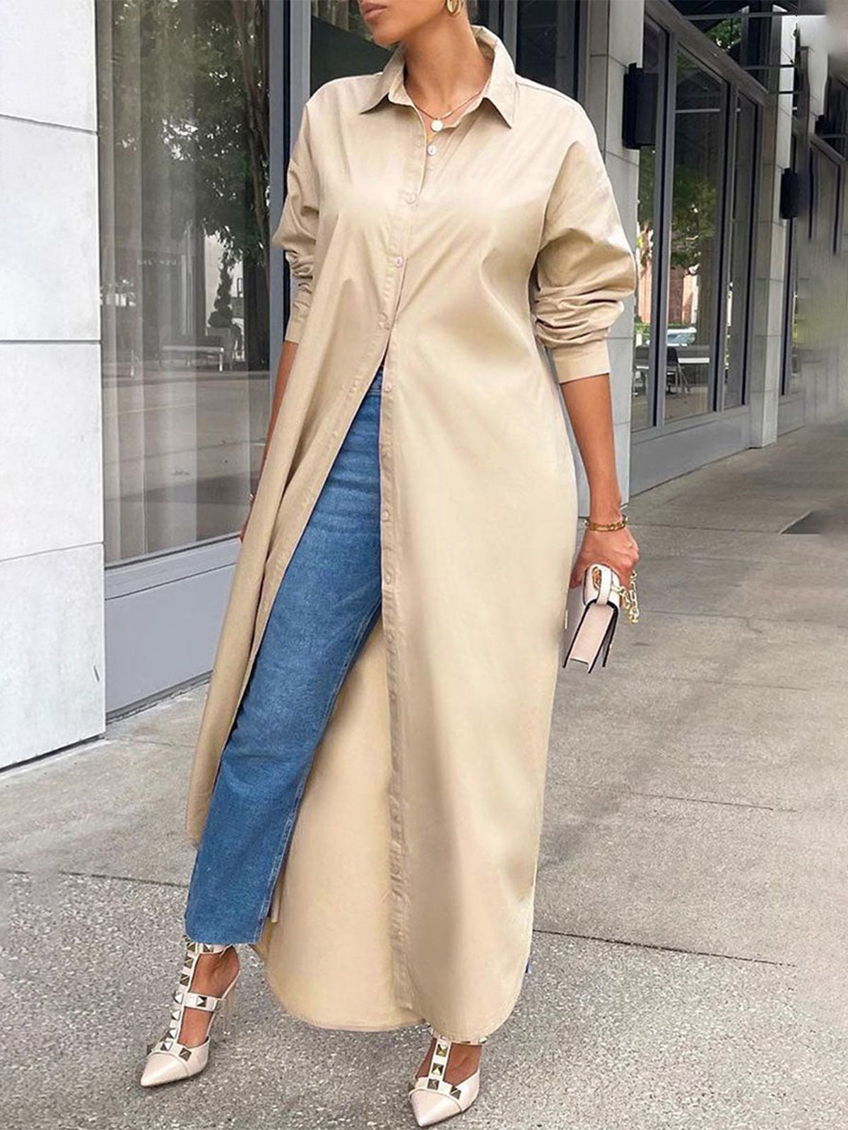 Simple Loosen Plain Long Sleeve Woven Maxi Dress stylewe