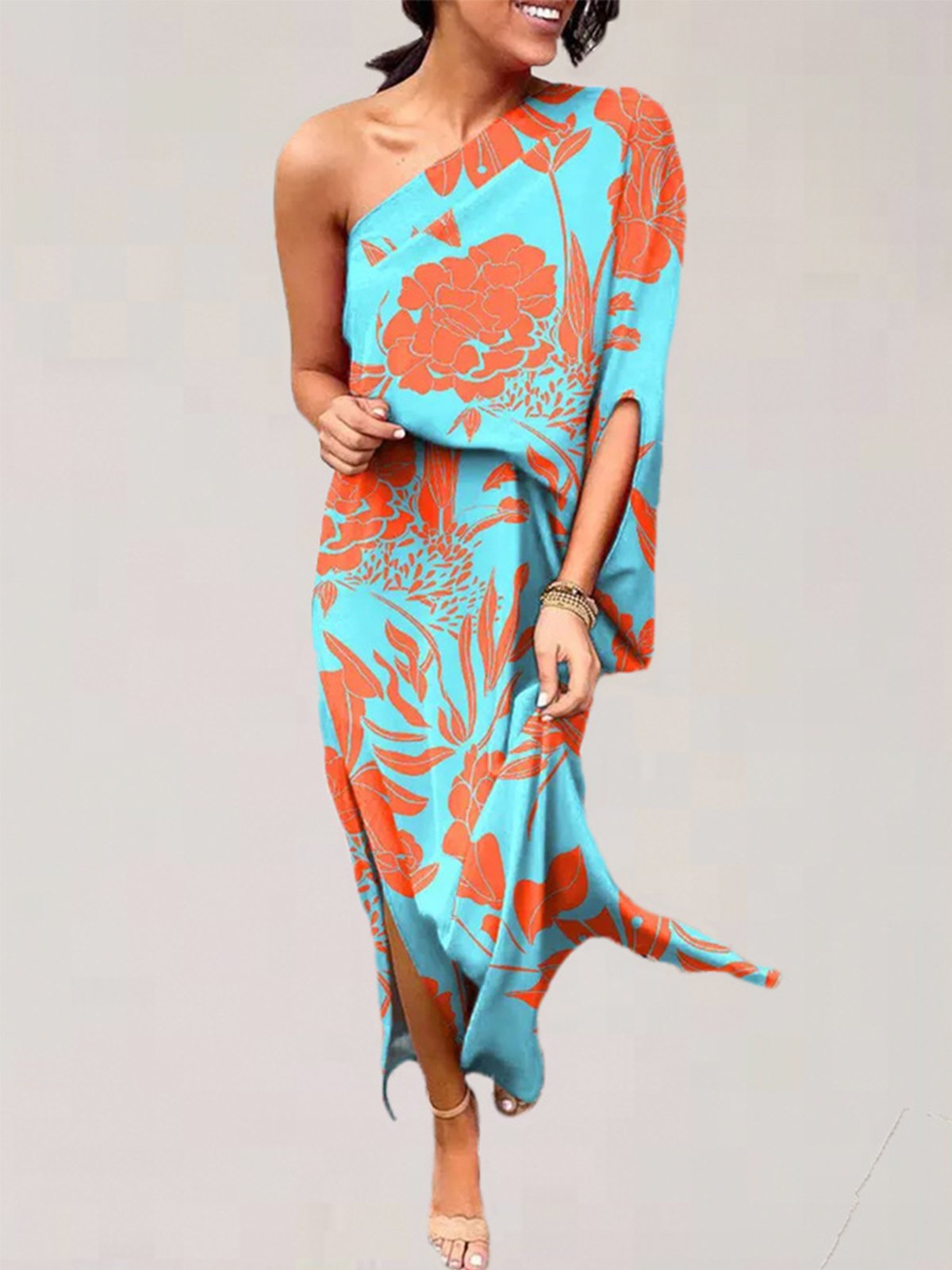 Off The Shoulder Floral Vacation Regular Fit Midi Dress