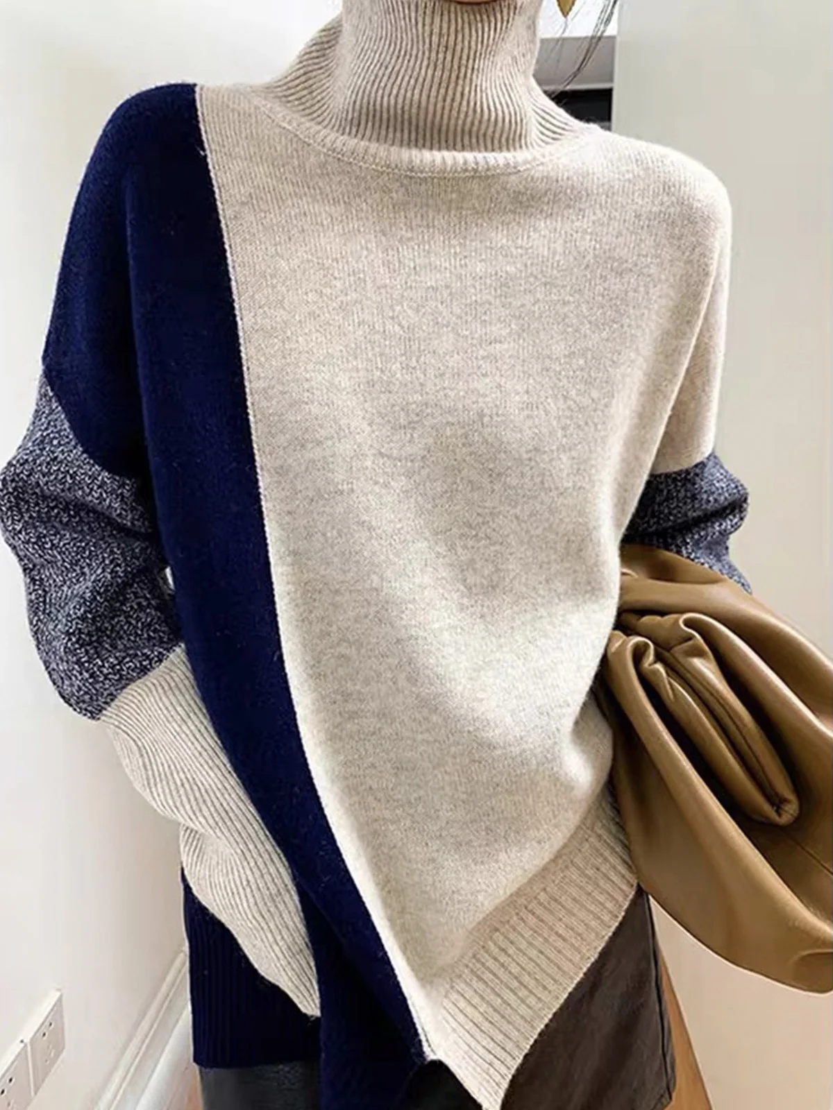 Turtleneck Loose Urban Color Block Sweater | stylewe