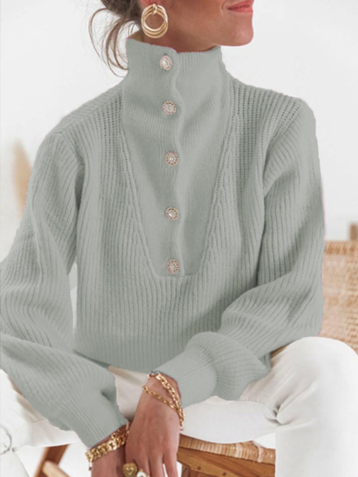 Daily Causal  Plain Buttoned Sweater