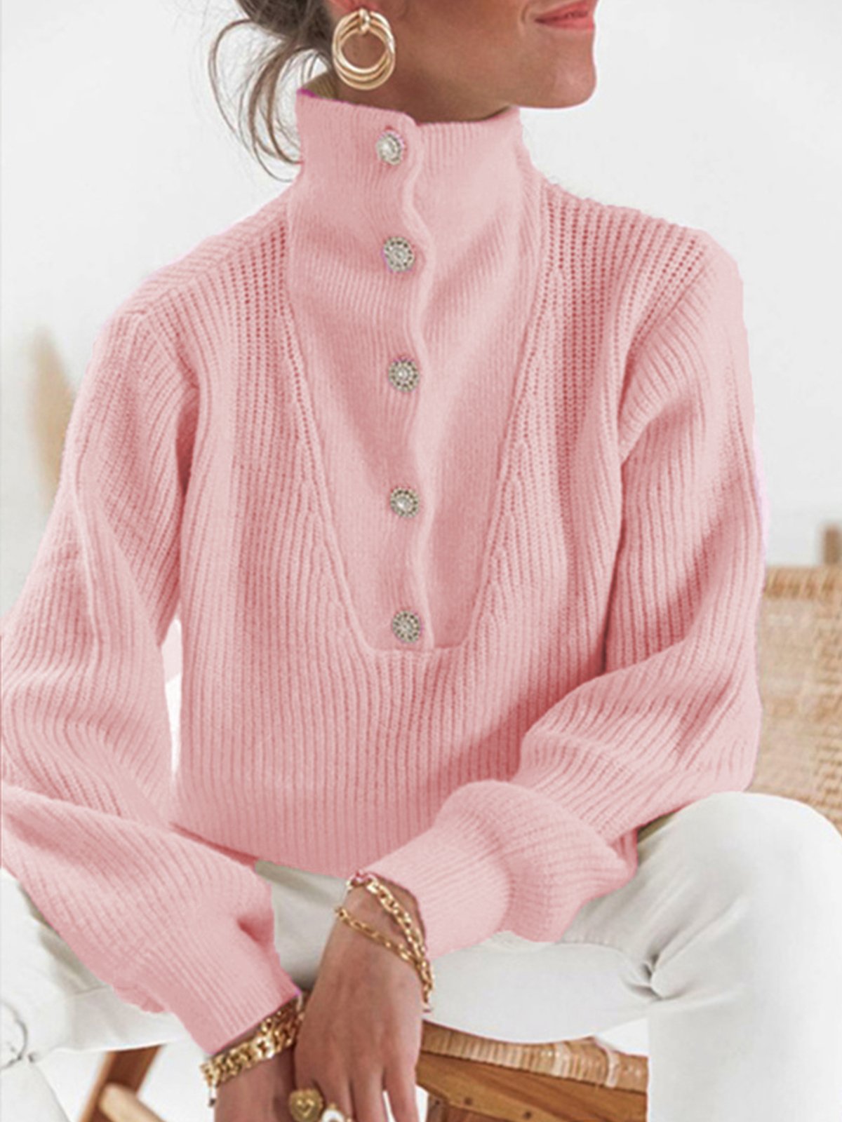 Daily Causal  Plain Buttoned Sweater