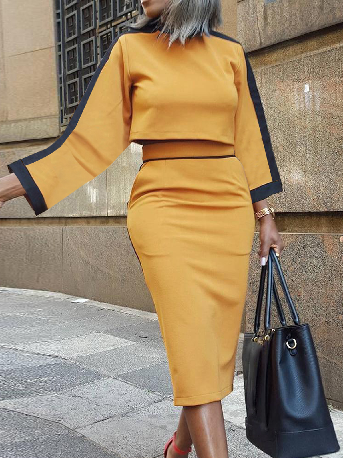 Regular Fit Crew Neck Color Block Long sleeve Elegant Blouse