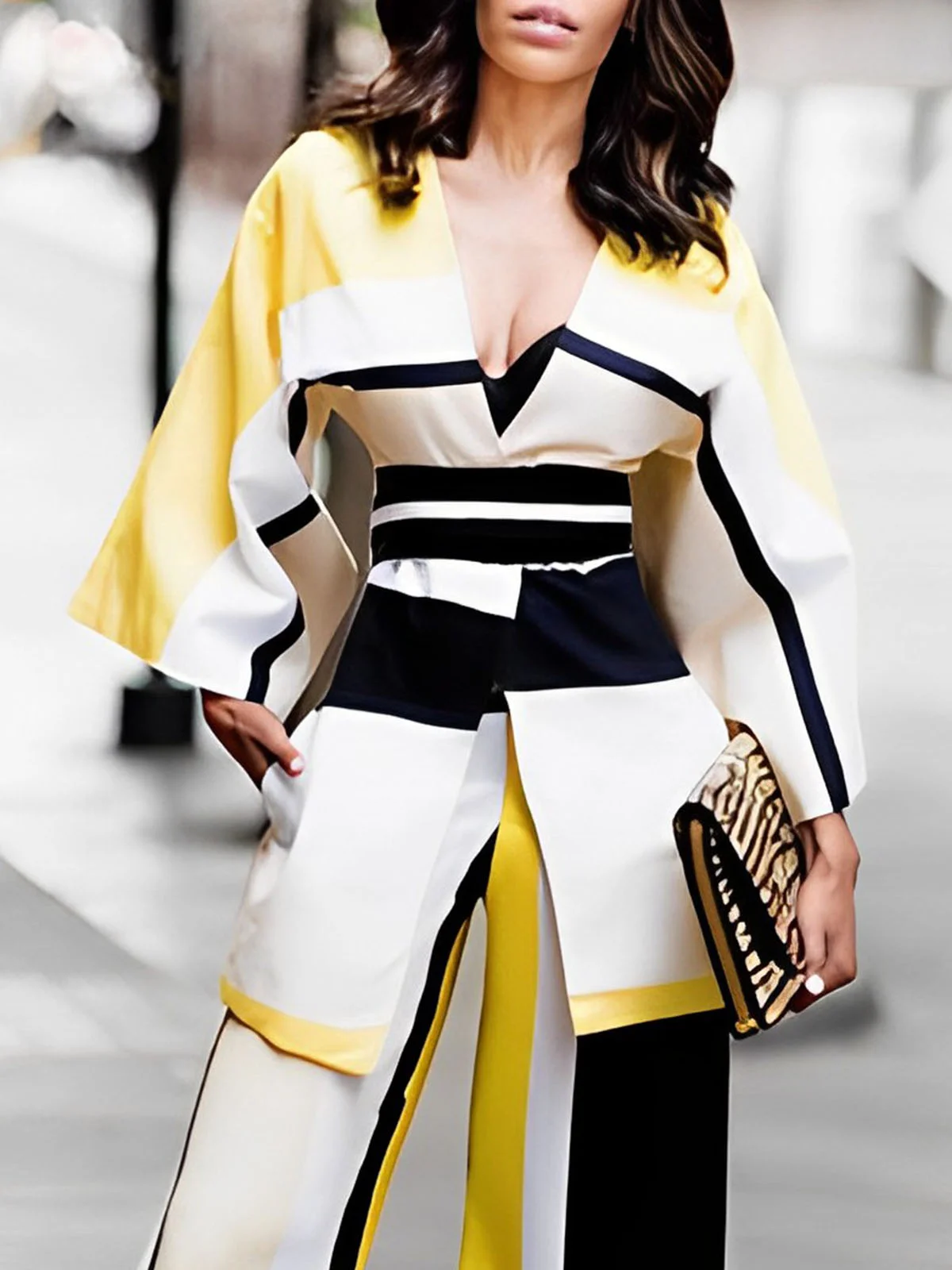 Color Block V Neck Elegant Regular Fit Blouse